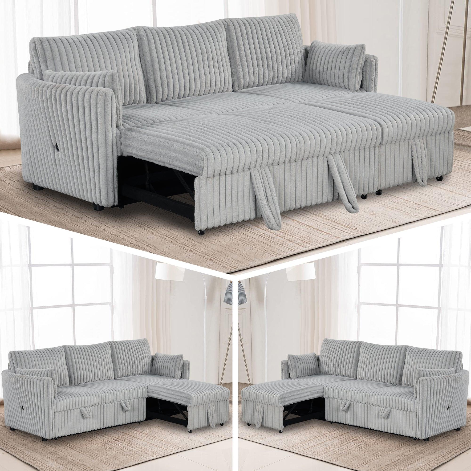Light Gray Faux Fur Oversized Convertible Sleeper Sectional Sofa with USB Charging Ports - 3-in-1 Daybed, Couch & Chair with 2 Pillows - Perfect for Living Room, Home Theater & Guest Room