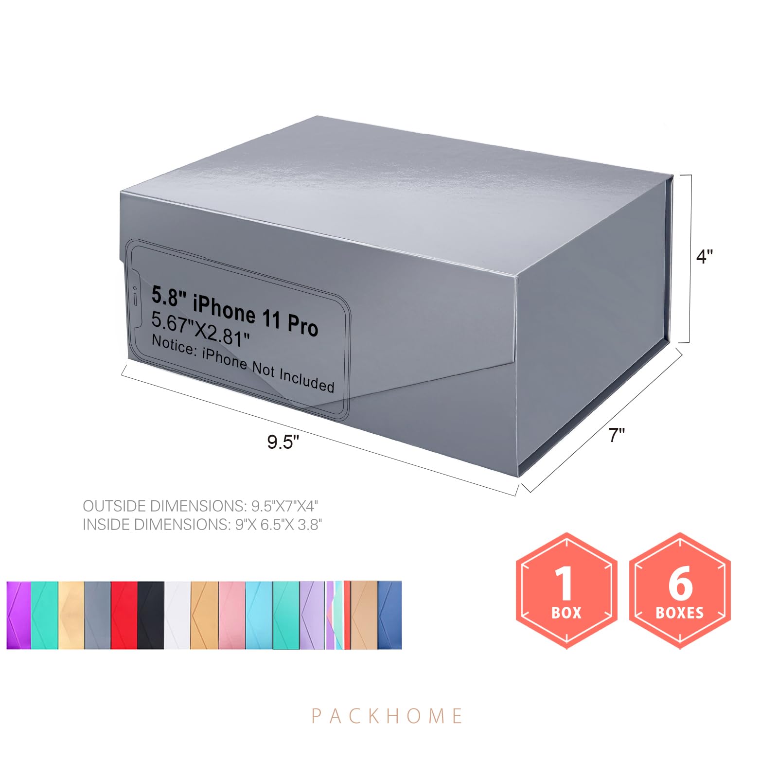 PACKHOME 9x6.5x3.8 Inches Magnetic Closure Gift Box for Men - Collapsible Rectangle Packaging Box with Glossy Gray Finish | Perfect for Jewelry, Watches, Cologne & Luxury Gifts
