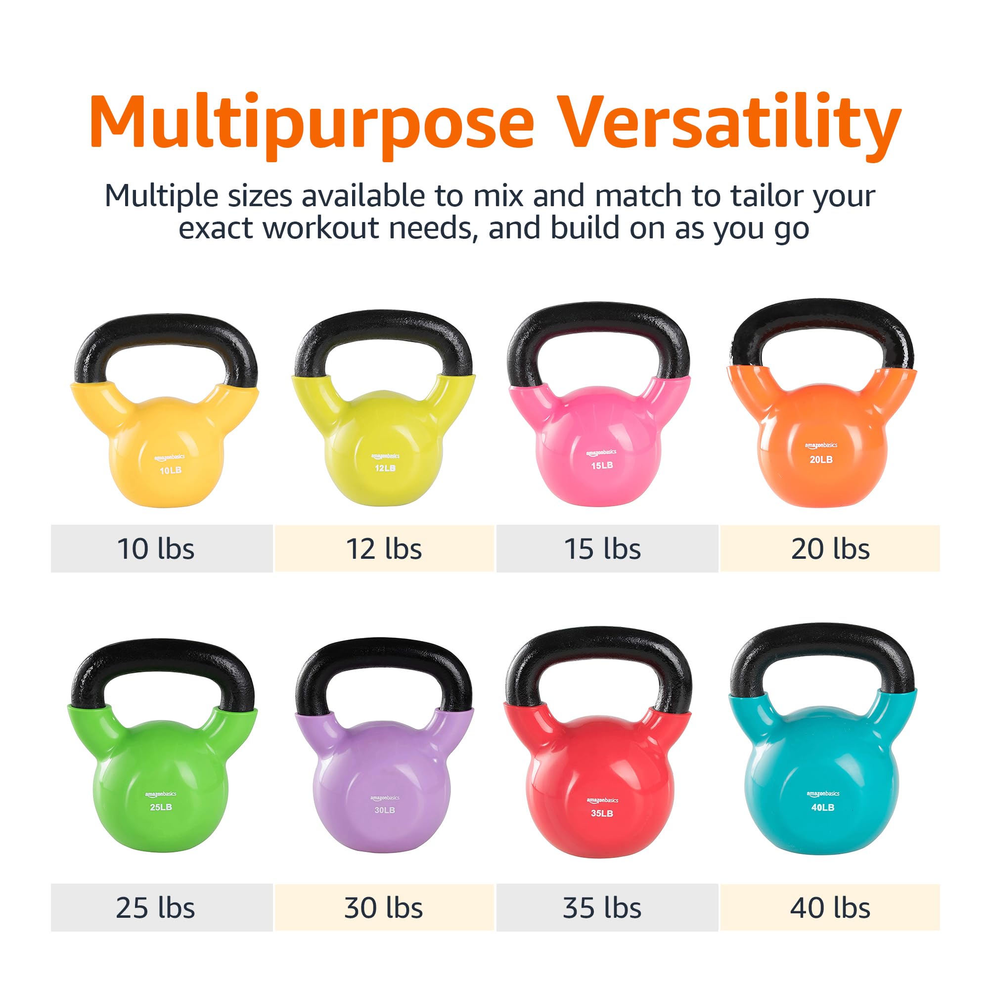 Amazon Basics Vinyl Kettlebell - 5-50 lbs Weight Options for Home Gym, Strength Training & CrossFit Workouts | Durable Neoprene Coating, Non-Slip Grip | Ideal for Full-Body Exercises, HIIT & Functional Fitness