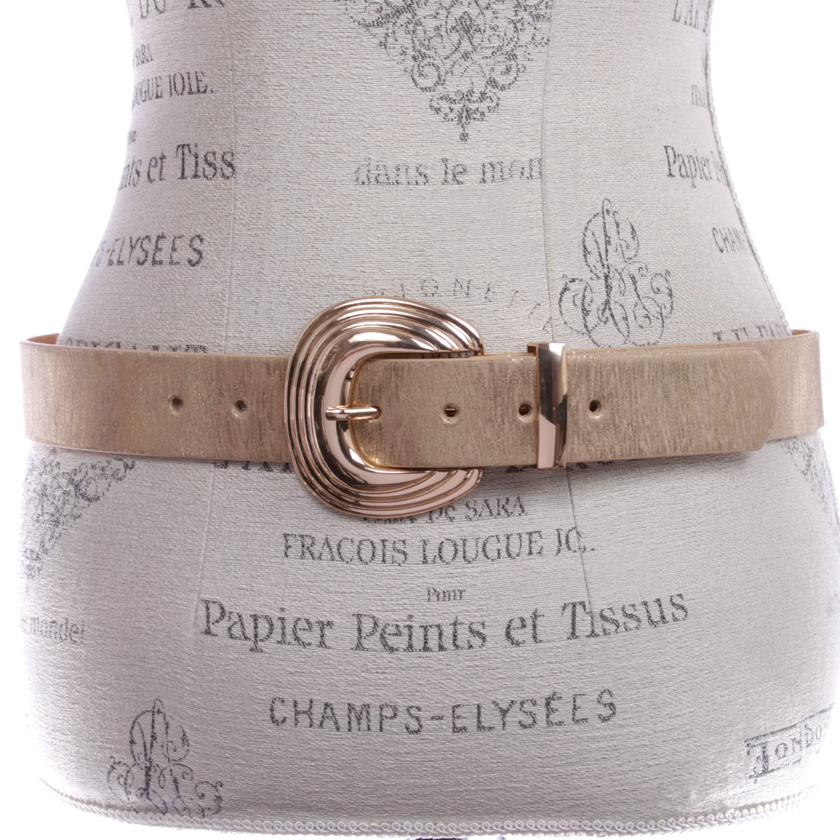 Women's Gold Accent Shell Buckle Shimmer Leather Belt - Elegant Waist Accessory for Dresses, Jeans & Office Wear