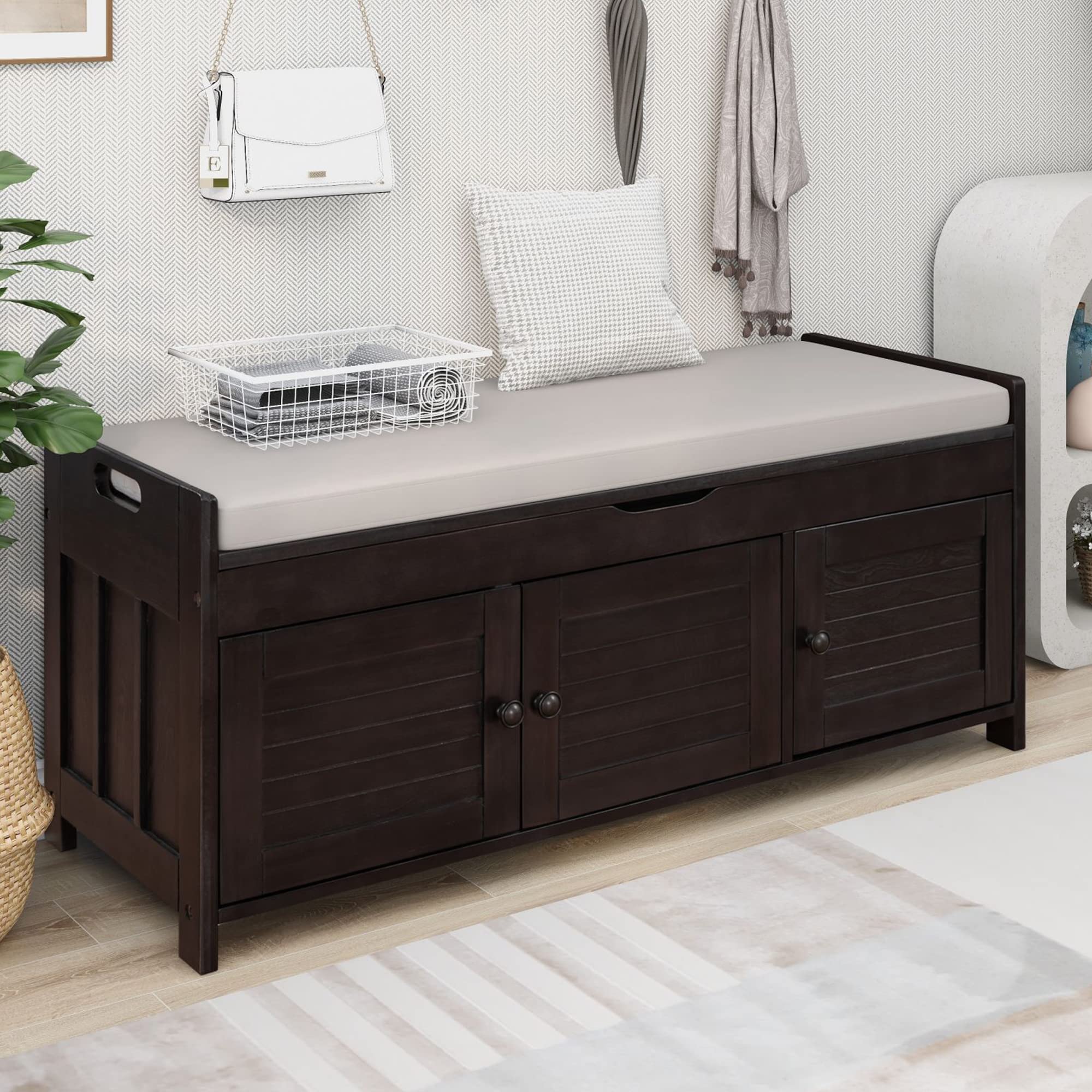 P PURLOVE Wooden Storage Bench with 3 Shutter Doors - Shoe Bench with 2-Size Storage Space, Removable Cushion & Hidden Compartment - Perfect for Living Room Entryway, Hallway, Bedroom & Mudroom Organization