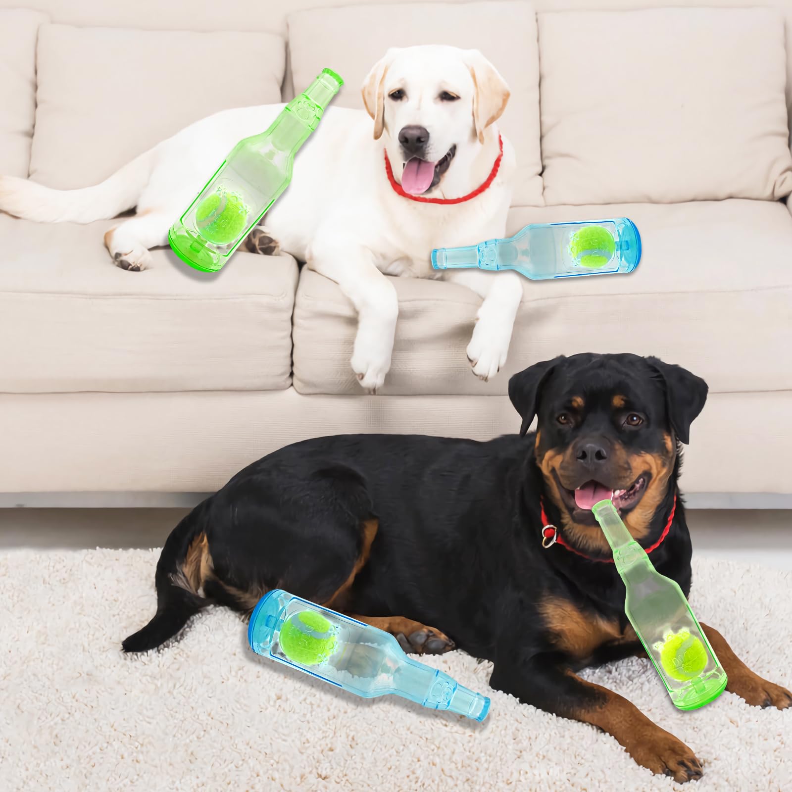 Aerbee 2Pcs Squeaky Rubber Water Bottle Dog Toys with Tennis Ball - Interactive Chew Toys for Dental Health, Outdoor Play, and Training (Blue & Green) for Active Dogs