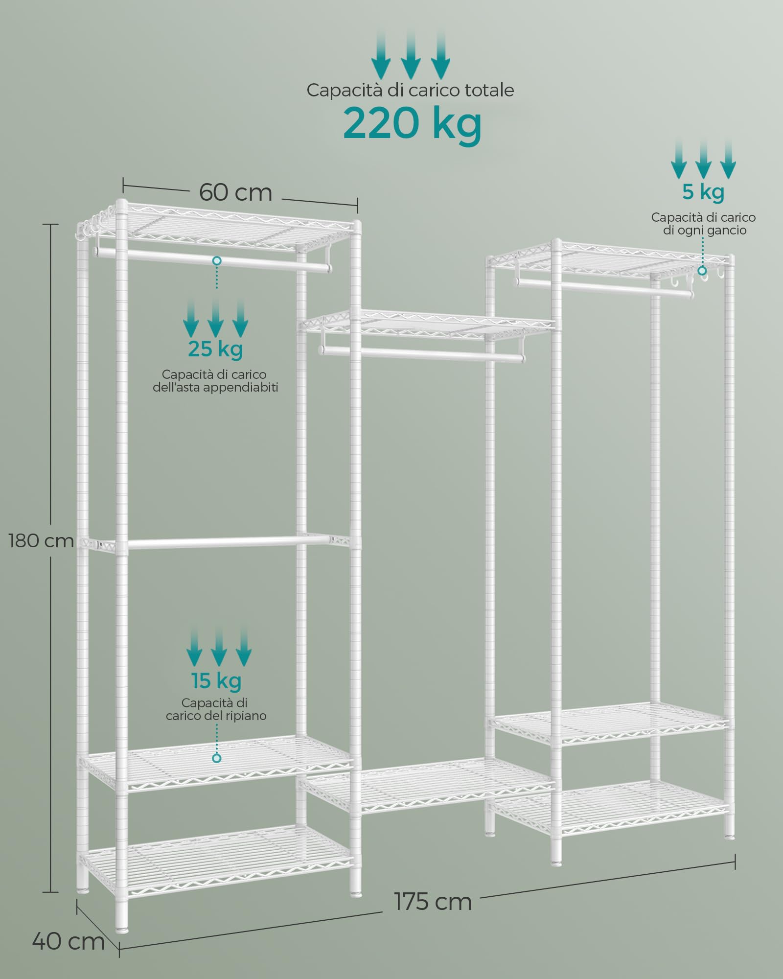 SONGMICS Metal Wardrobe with Adjustable Shelves, Hanging Rods & Hooks - Durable, Separable Freestanding Closet Organizer in Cloud White LGR431W01 - Perfect for Bedroom, Closet, Dorm & Small Space Storage