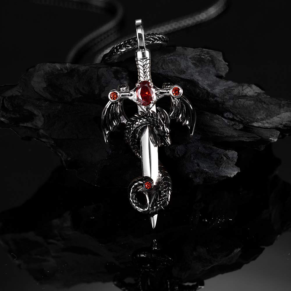 Dragon Sword Necklace with Cross | Personalized Birthstone Dragon Pendant for Men | Black Gold Wing Dragon Necklace Gift for Dad | Father's Day, Christmas, Birthday Gift for Him | Perfect for Cosplay, Fantasy Lovers & Medieval Enthusiasts