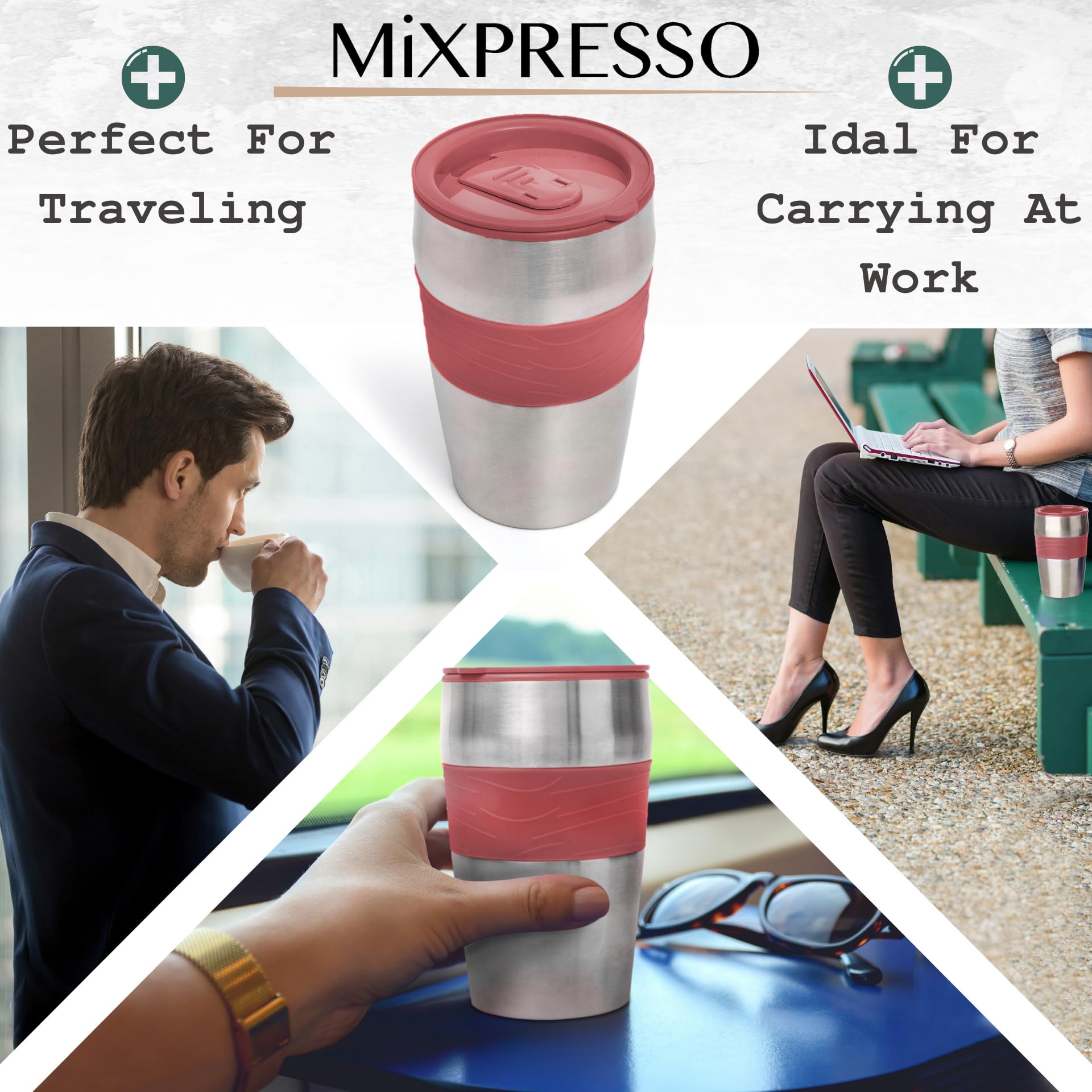 Mixpresso Personal Single-Serve Coffee Maker with 14oz Travel Mug | Compact Drip Coffee Machine & Insulated Tumbler | Auto Shut-Off & Reusable Filter | Ground Coffee Compatible | Perfect for Home, Office & Travel | Red