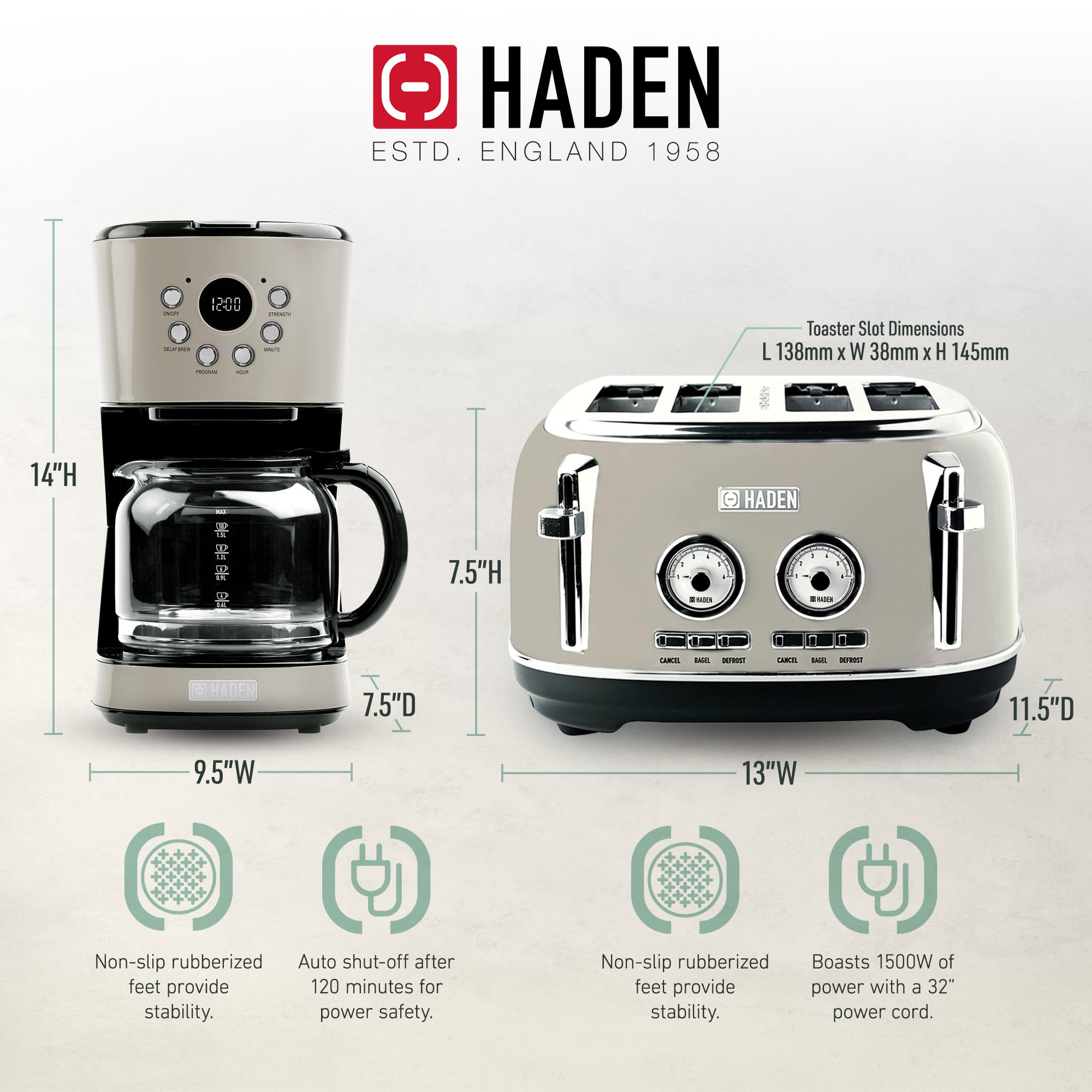 Haden 12 Cup Programmable Drip Coffee Maker with Dorset 4-Slice Wide Slot Stainless Steel Toaster Set - Perfect for Home Kitchen, Office, and Breakfast Nook - Putty & Chrome Finish