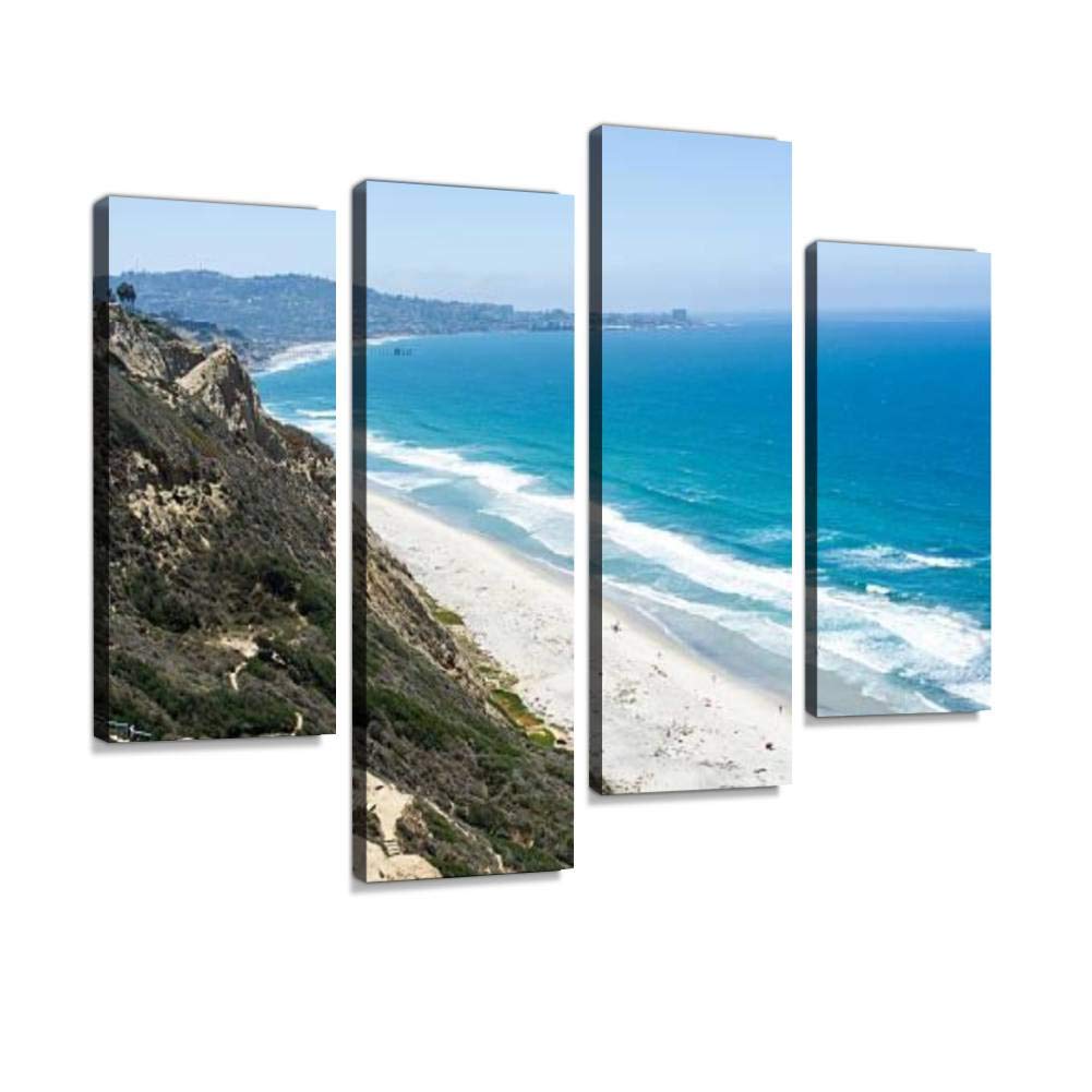IGOONE 4-Panel Canvas Wall Art - San Diego Beach Landscape with Torrey Pines & Scripps Coastline - Modern Framed Ready-to-Hang Paintings for Living Room, Bedroom, Office Decor | Perfect for Coastal & Beach House Themes