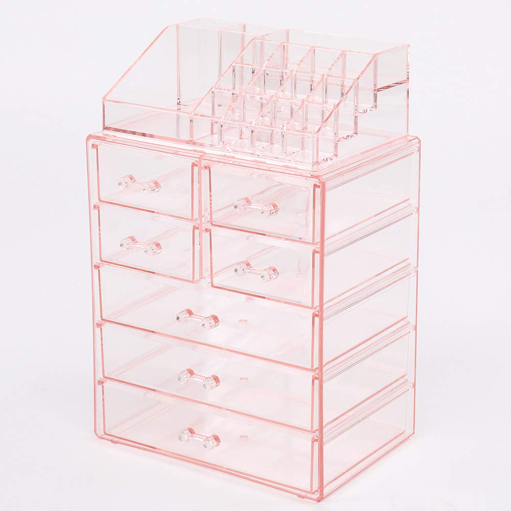 2-Piece Plastic Makeup Organizer Set with 7 Large Transparent Drawers - Perfect for Cosmetics Storage & Vanity Organization | Ideal for Bedroom, Bathroom, and Travel Use