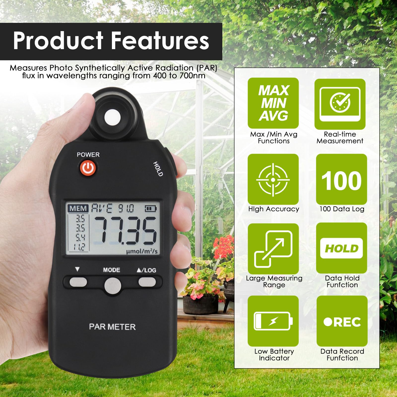High Precision PAR Meter for LED Grow Lights - Quantum Sensor PPFD Tester (400-700nm) with Lux Measurement | Ideal for Measuring Plant Photosynthetic Activity in Indoor Gardens & Hydroponic Systems