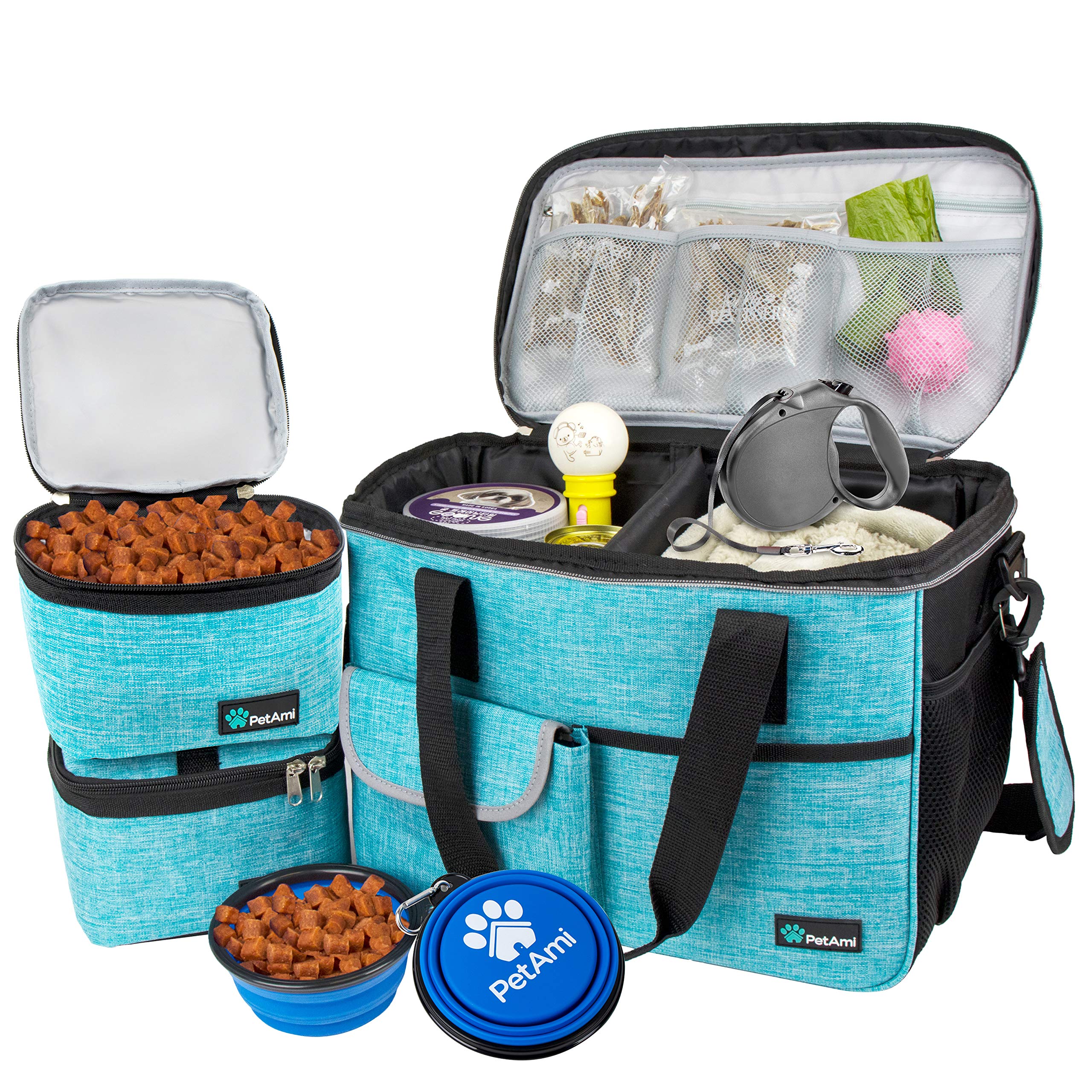 PetAmi Medium Dog Travel Bag with Food Container & Bowls - Waterproof Pet Carrier Organizer for Camping, Hiking & Road Trips - Portable Dog Supplies Accessories Gift (Sea Blue) - Perfect for Weekend Getaways & Outdoor Adventures with Your Pet