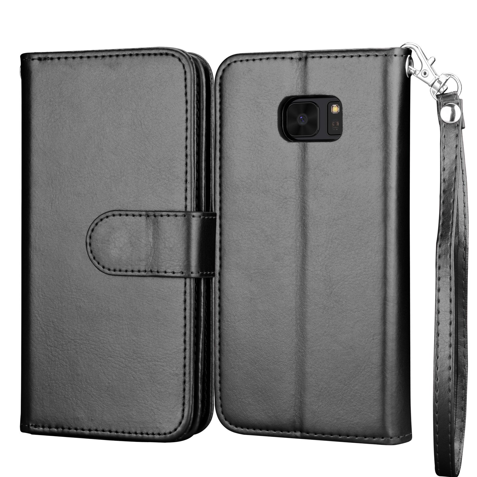 Premium PU Leather Wallet Case for Samsung Galaxy S7 Edge - 9 Card Slots RFID Blocking Flip Cover with Detachable Magnetic Wrist Strap & Kickstand (Black) - Perfect for Business, Travel & Everyday Use