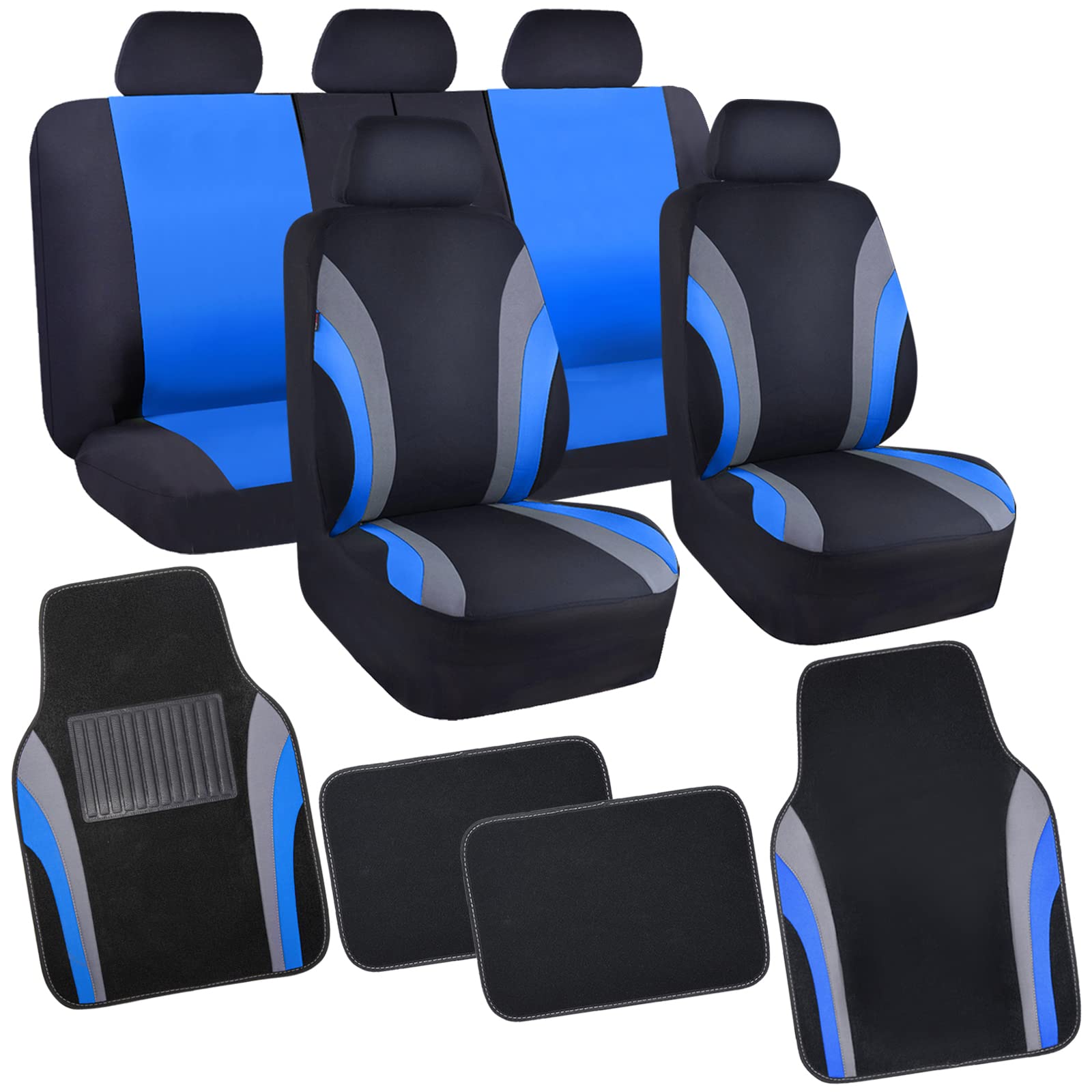CAR PASS Line Rider Sporty Car Seat Covers Full Set with 4Pcs Waterproof Car Floor Mats - Universal Fit Airbag Compatible Auto Interior Covers for Sedans, Trucks, Vans & SUVs (Black & Blue Combo Set) - Perfect for Road Trips, Daily Commutes & Vehicle Protection