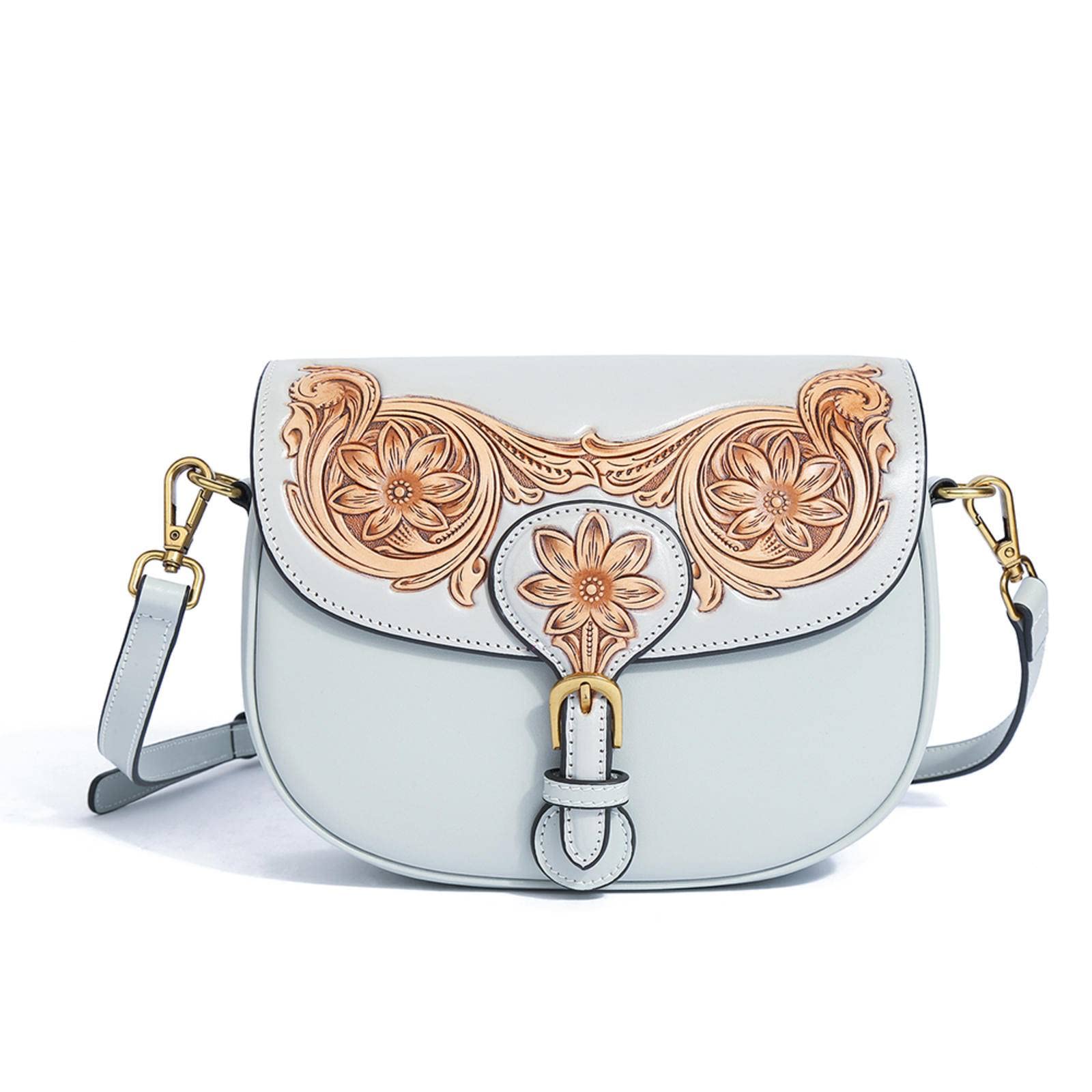 Handmade Genuine Leather Women's Shoulder Bag - Exquisite Carved Ethnic Crossbody Saddle Purse for Casual Outings, Travel & Everyday Use