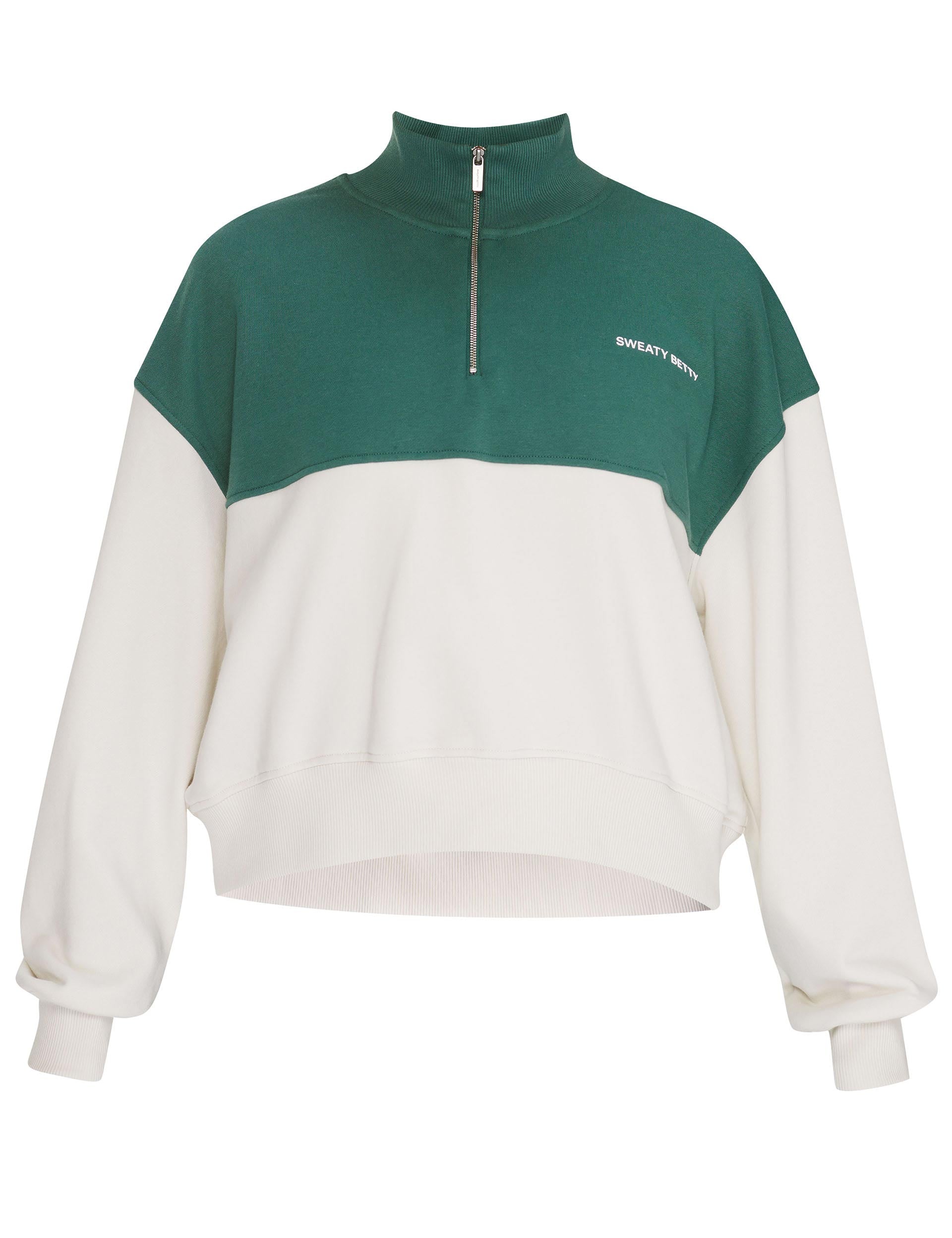 Revive Crop Half Zip Sweatshirt - Glade Green Color Block Pullover for Women | Trendy Casual Wear for Gym, Yoga & Street Fashion