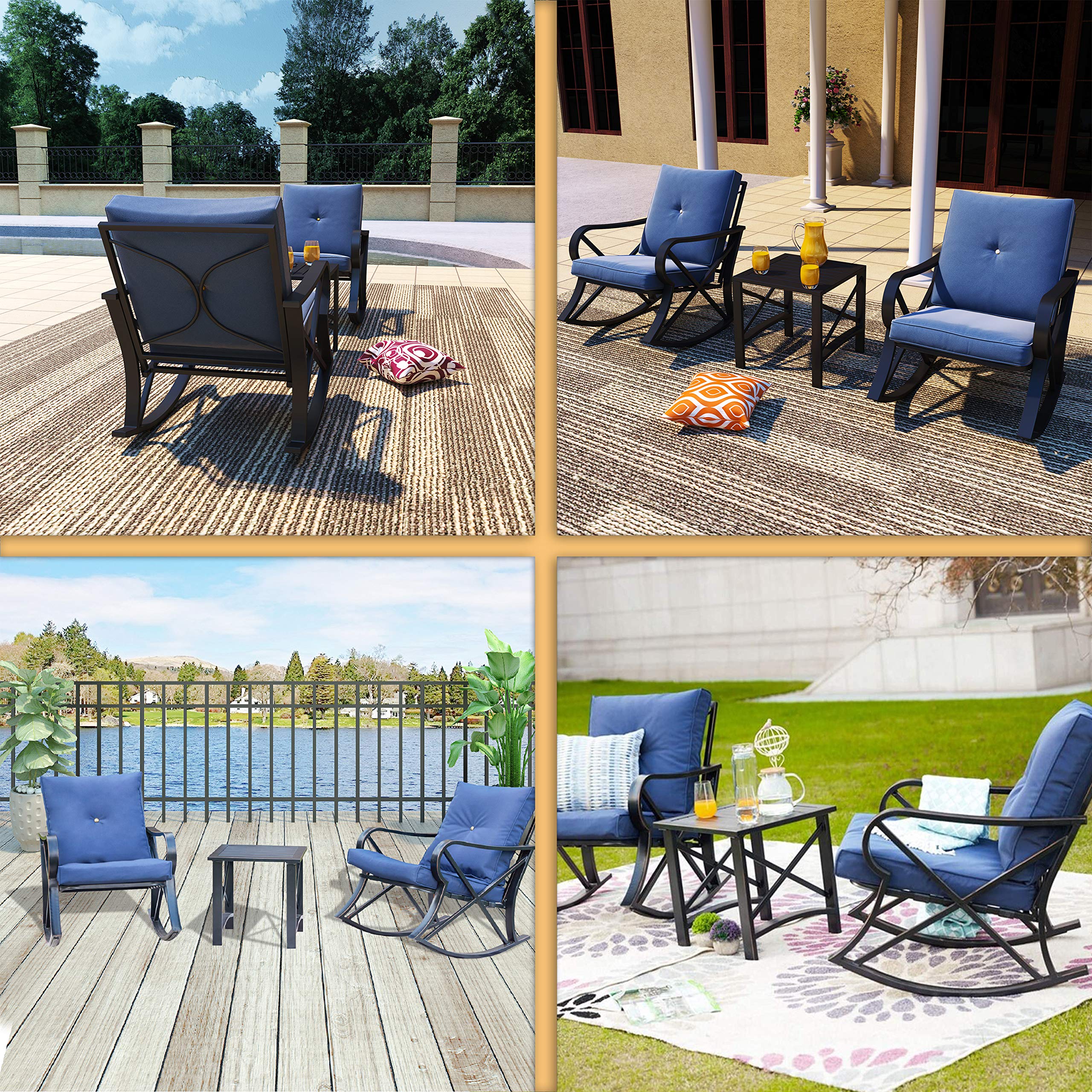 PatioFestival 3-Piece Outdoor Rocking Chair Bistro Set with Coffee Table & Thick Cushions - Metal Garden Furniture for Backyard, Lawn, Porch, Poolside (Blue) - Perfect for Relaxing, Entertaining & Outdoor Dining