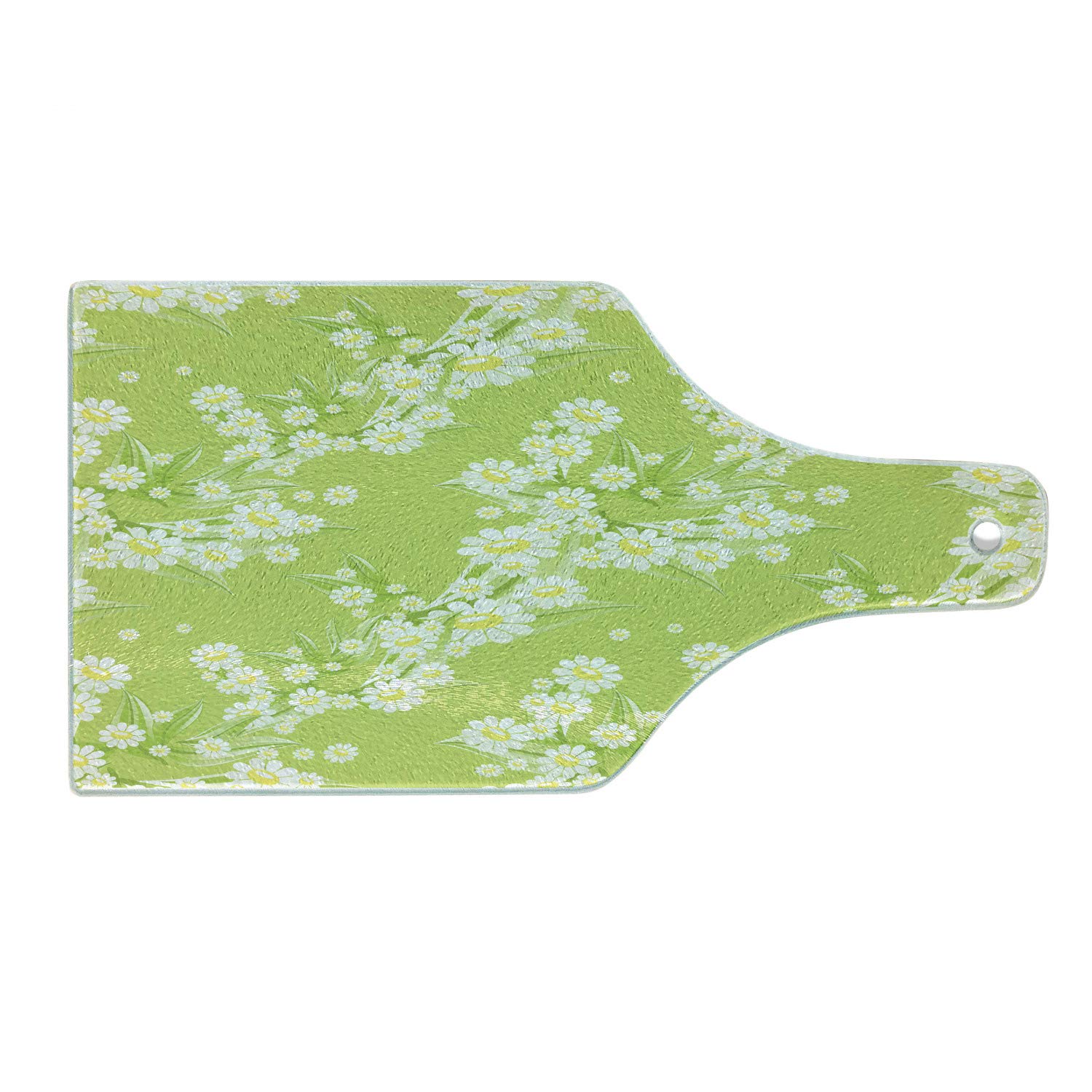 Ambesonne Daisy Tempered Glass Cutting Board - Spring Chamomile Leaf Floral Design - Decorative Serving Board for Kitchen & Dining - Wine Bottle Shape in Yellow Green White - Perfect for Cheese Platters, Charcuterie & Wine Pairing