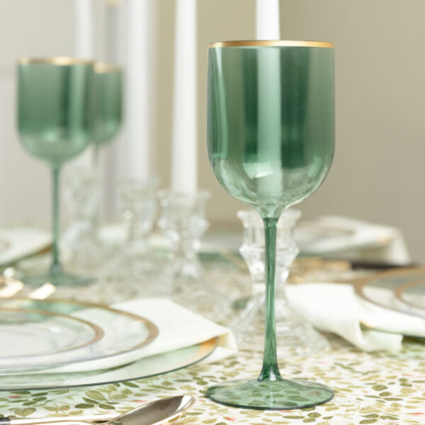 12 Oz Green Gold Rim Plastic Wine Goblets - Set of 5 Shatterproof Cups for Outdoor Parties, Picnics, and Wedding Receptions
