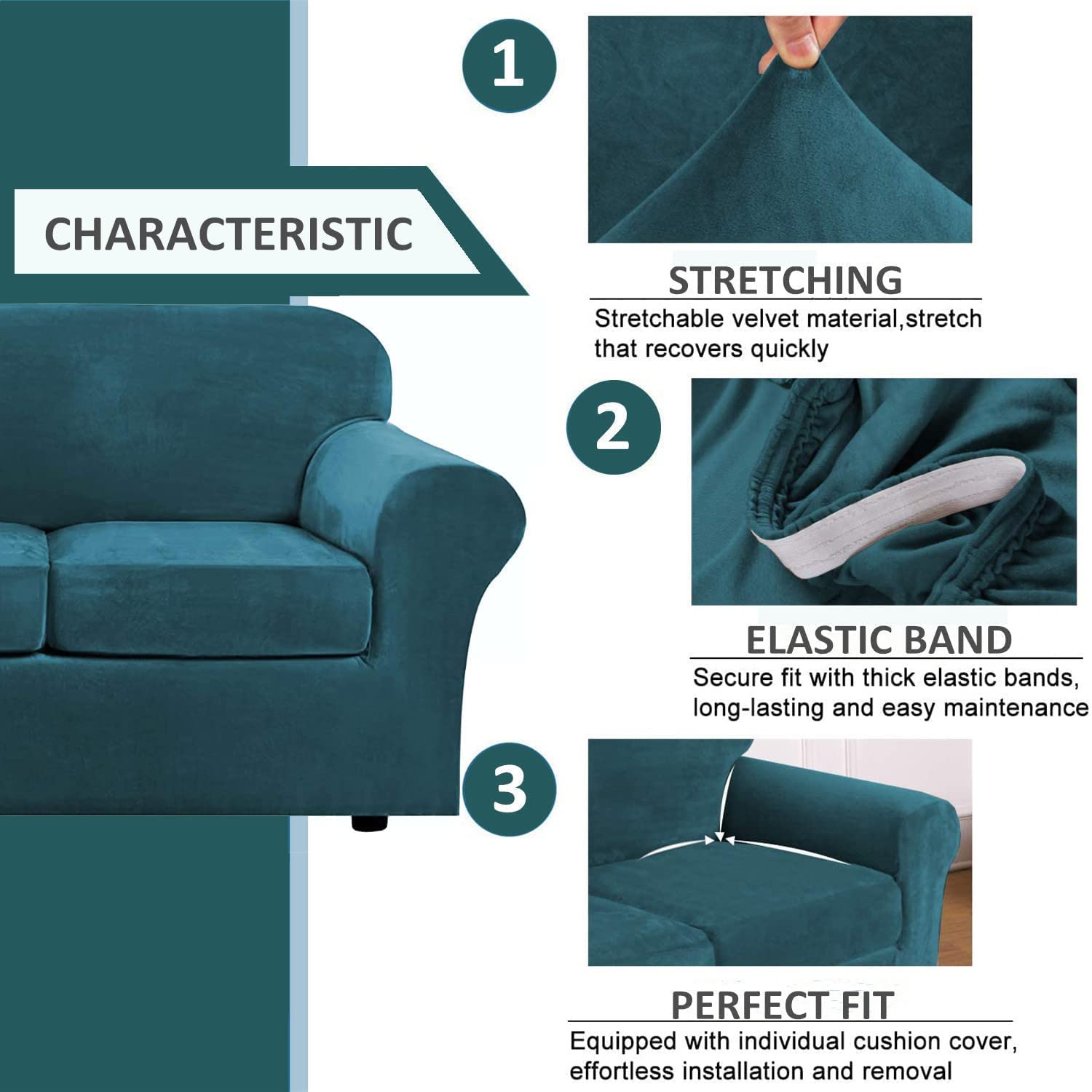 Luxury Velvet Stretch Sofa Cover & Loveseat Slipcover with 2 T-Cushion Covers - Soft Teal Couch Protector for Living Room, Sectional, Apartment Furniture - Perfect for Home Decor, Pet Protection & Furniture Makeover