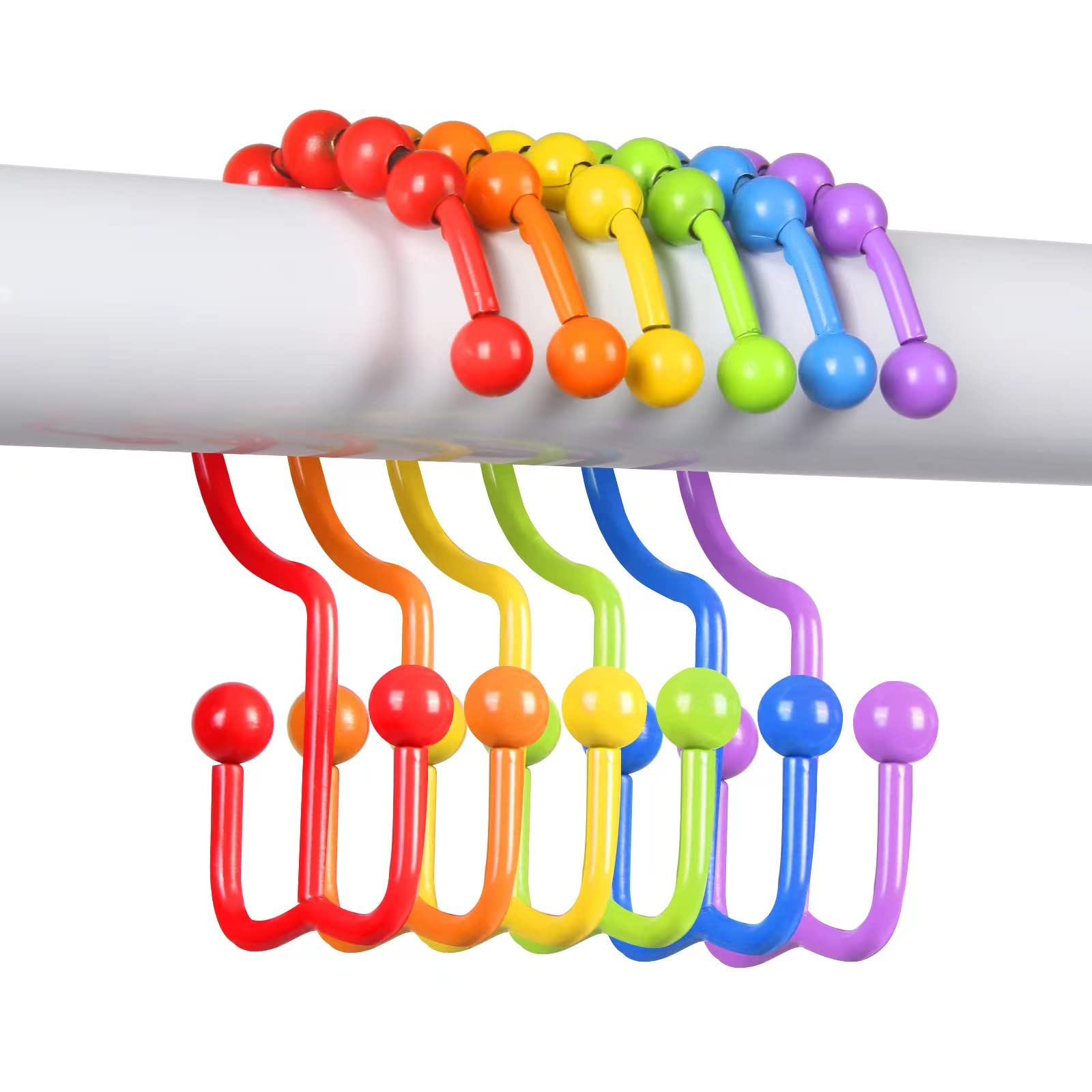 Premium 304 Stainless Steel Shower Curtain Hooks - 12 Pack Rainbow Color Double Glide Bathroom Shower Rings for Curtain Rods | Durable Rustproof Hanging Solution for Bathroom, RV & Dorm Showers