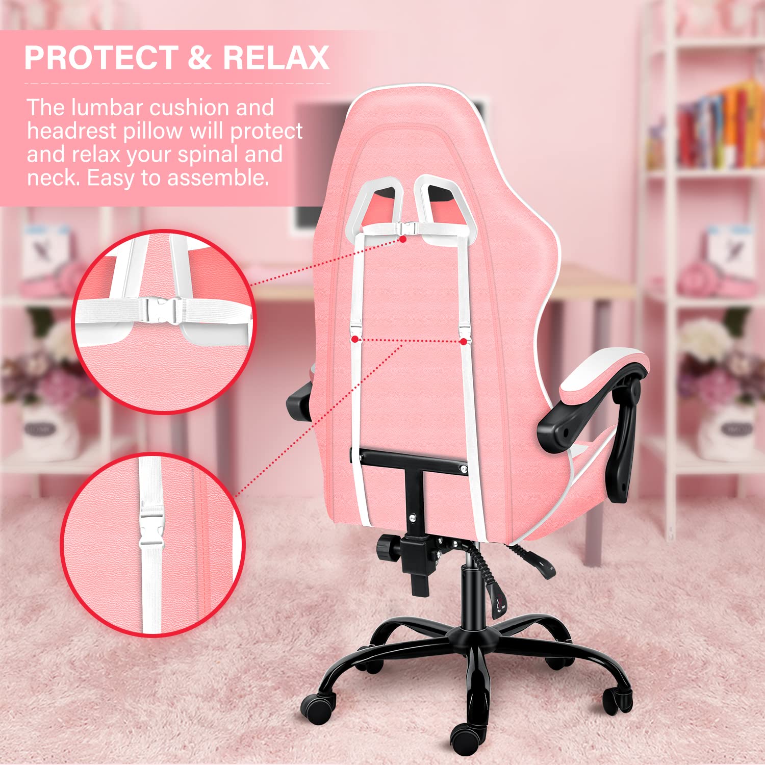 Pink Gaming Chair for Big and Tall Gamers - Racing Style Ergonomic Office Chair with Adjustable Height, Swivel, Headrest & Lumbar Support - Perfect for PC Gaming, Streaming & Home Office Setup