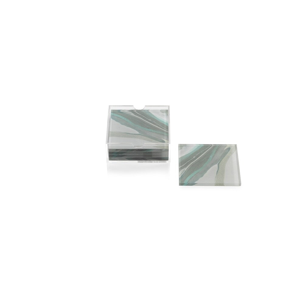 Premium Aqua Lagoon Agate Coasters Set of 6 with Holder - Natural Stone Square Drink Coasters for Home Bar, Coffee Table & Party Decor - Elegant & Durable Protection for Furniture