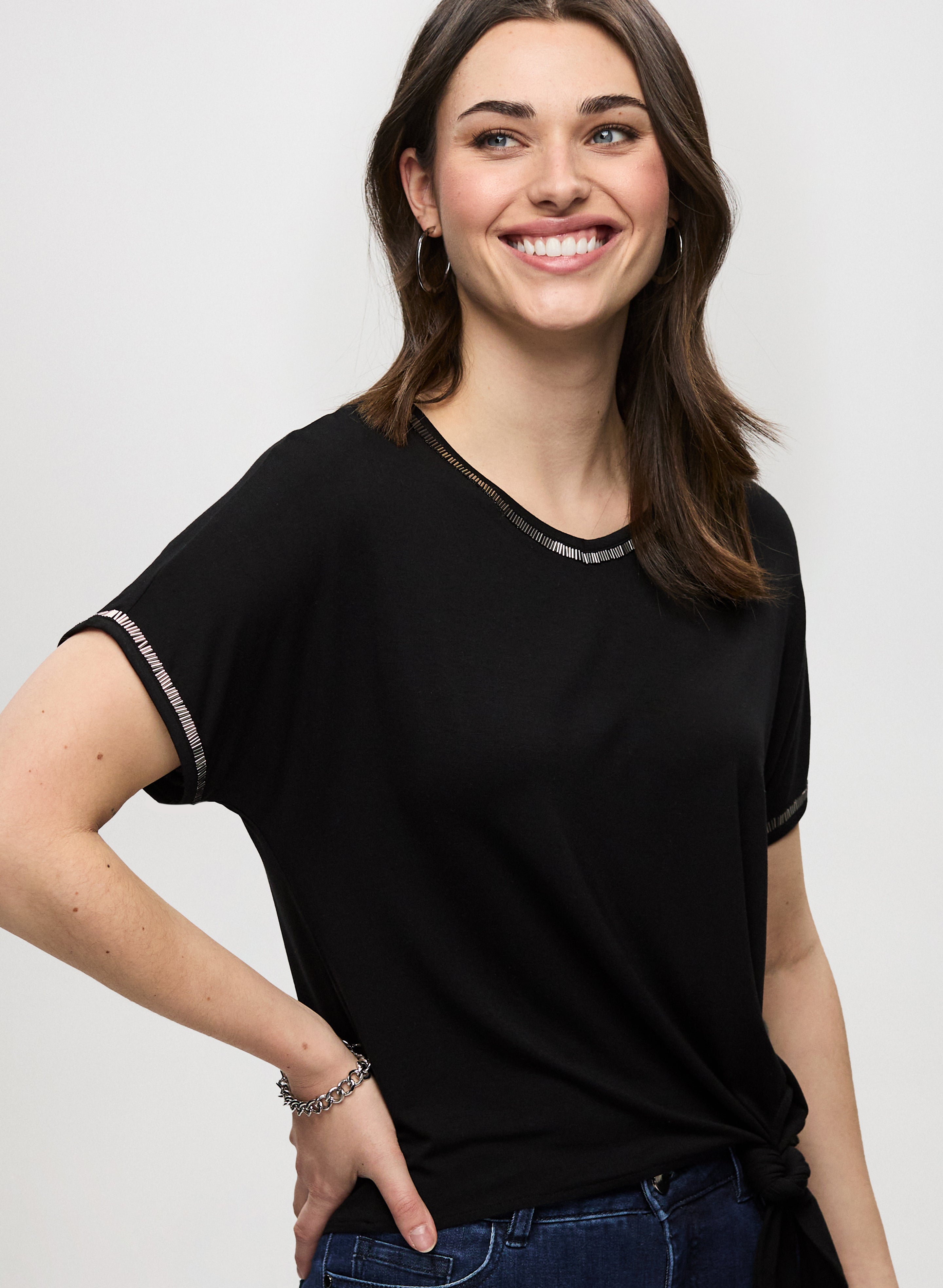 Pearl Trim Black T-Shirt for Petites | Women's Fashion Top | Casual & Party Wear | Style 4010338 1008 010
