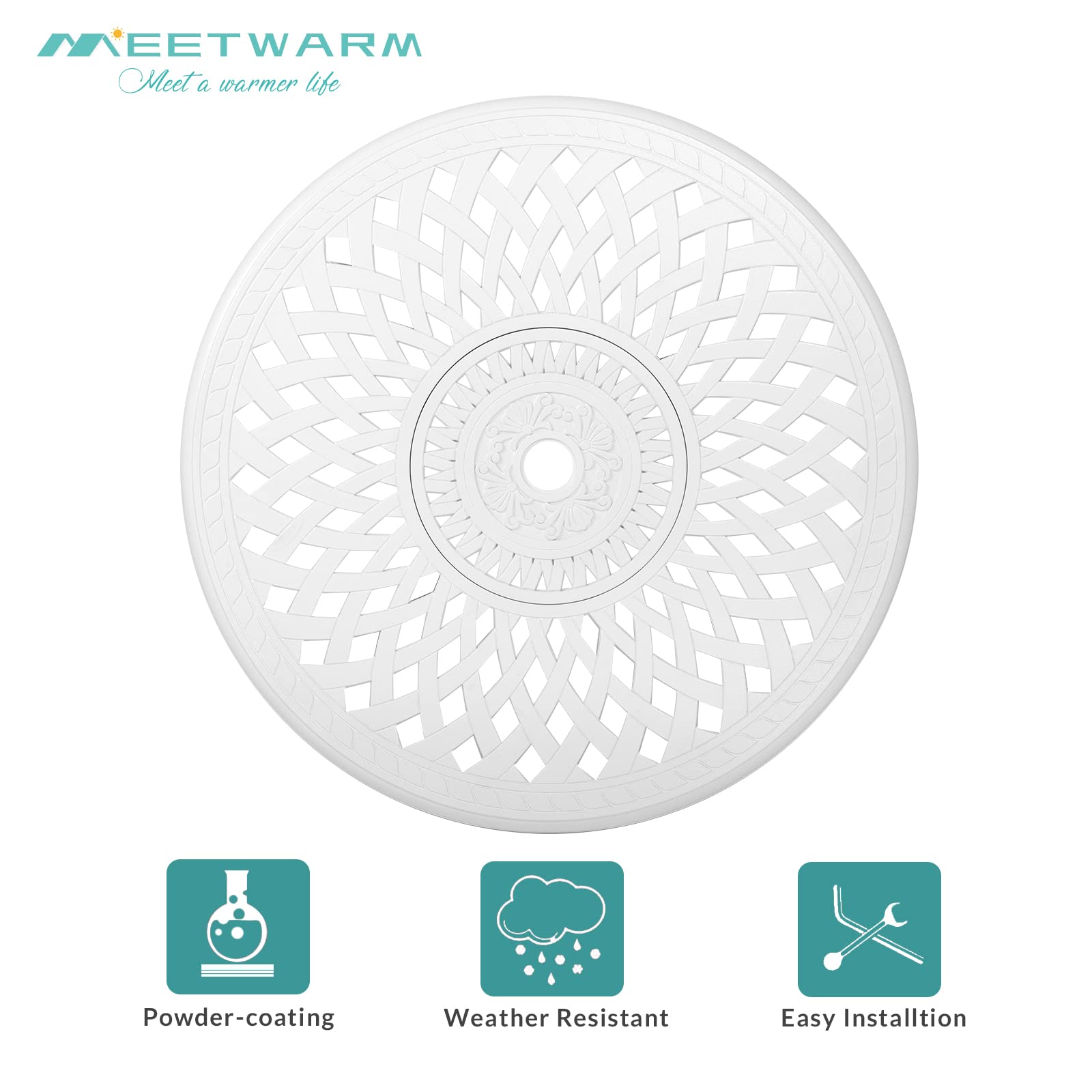 MEETWARM 31 Inch Round Outdoor Bistro Table - White Cast Aluminum Patio Dining Table with 2 Inch Umbrella Hole | Perfect for Small Balcony, Garden, Poolside & Backyard Dining