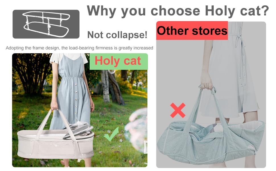 Holy Cat Portable Travel Bassinet - Foldable Baby Crib with Mosquito Net & Canopy, Lightweight & Washable for Infants (Light Grey) | Perfect for Travel, Co-Sleeping & Nursery