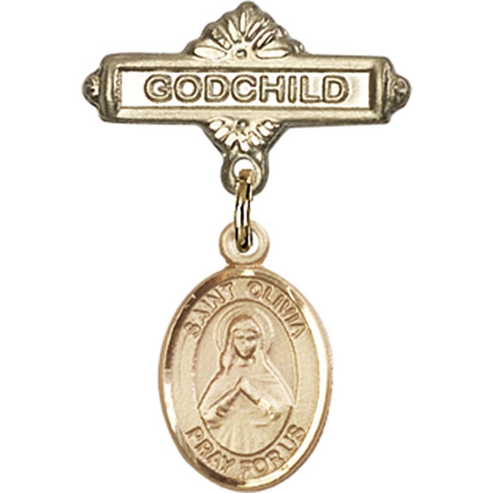Gold Filled Baby Badge Pin with St. Olivia Charm - 1 X 5/8 Inches - Perfect for Christenings, Baptisms & Godchild Gifts