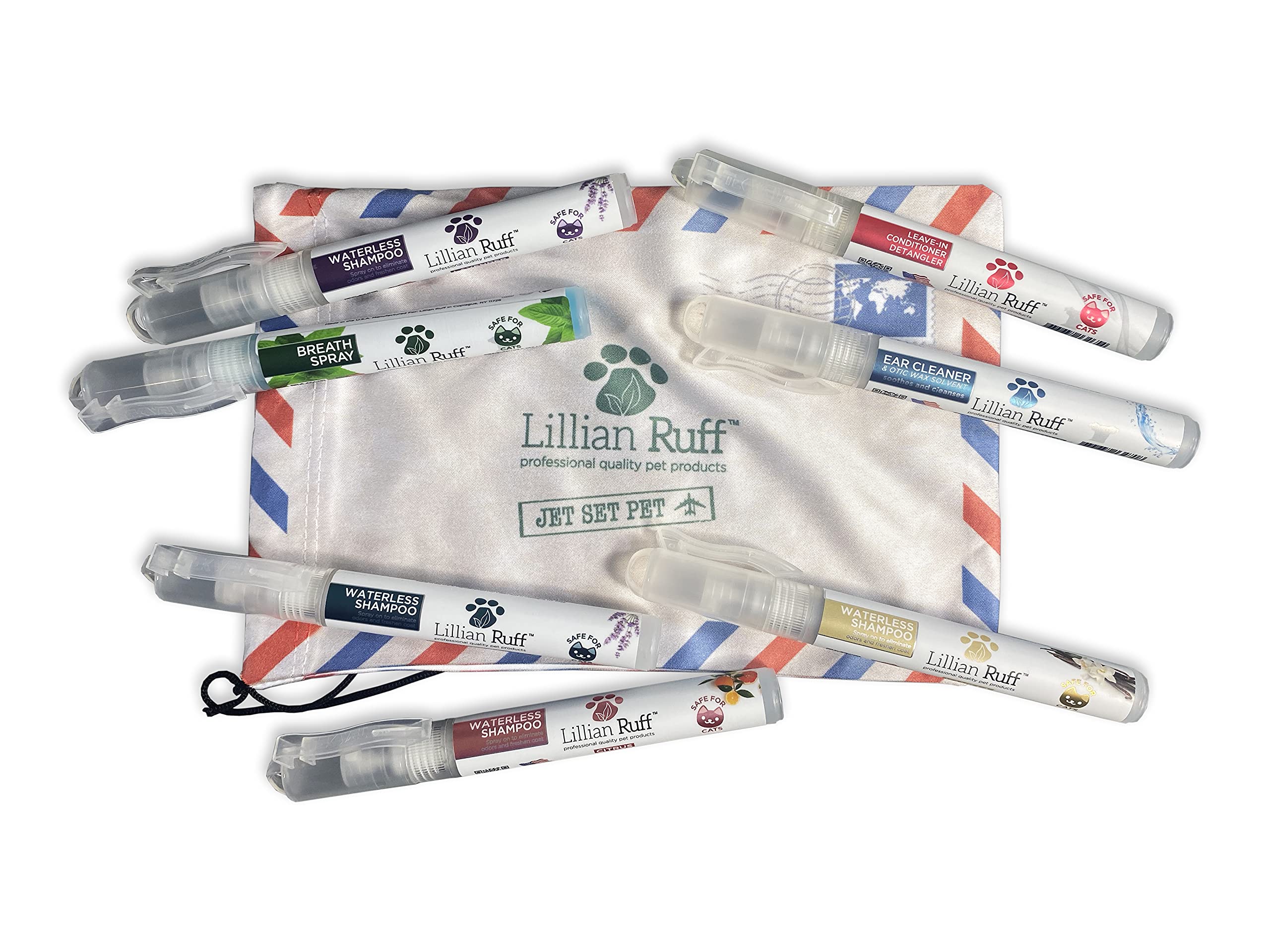 Lillian Ruff Travel Kit for Dogs - Waterless Dog Shampoo, Breath Freshener, Detangler & Ear Cleaner | Portable Grooming Spray for Airline Travel, Camping & Beach | Deodorizing Pet Care Essentials for On-the-Go Dogs