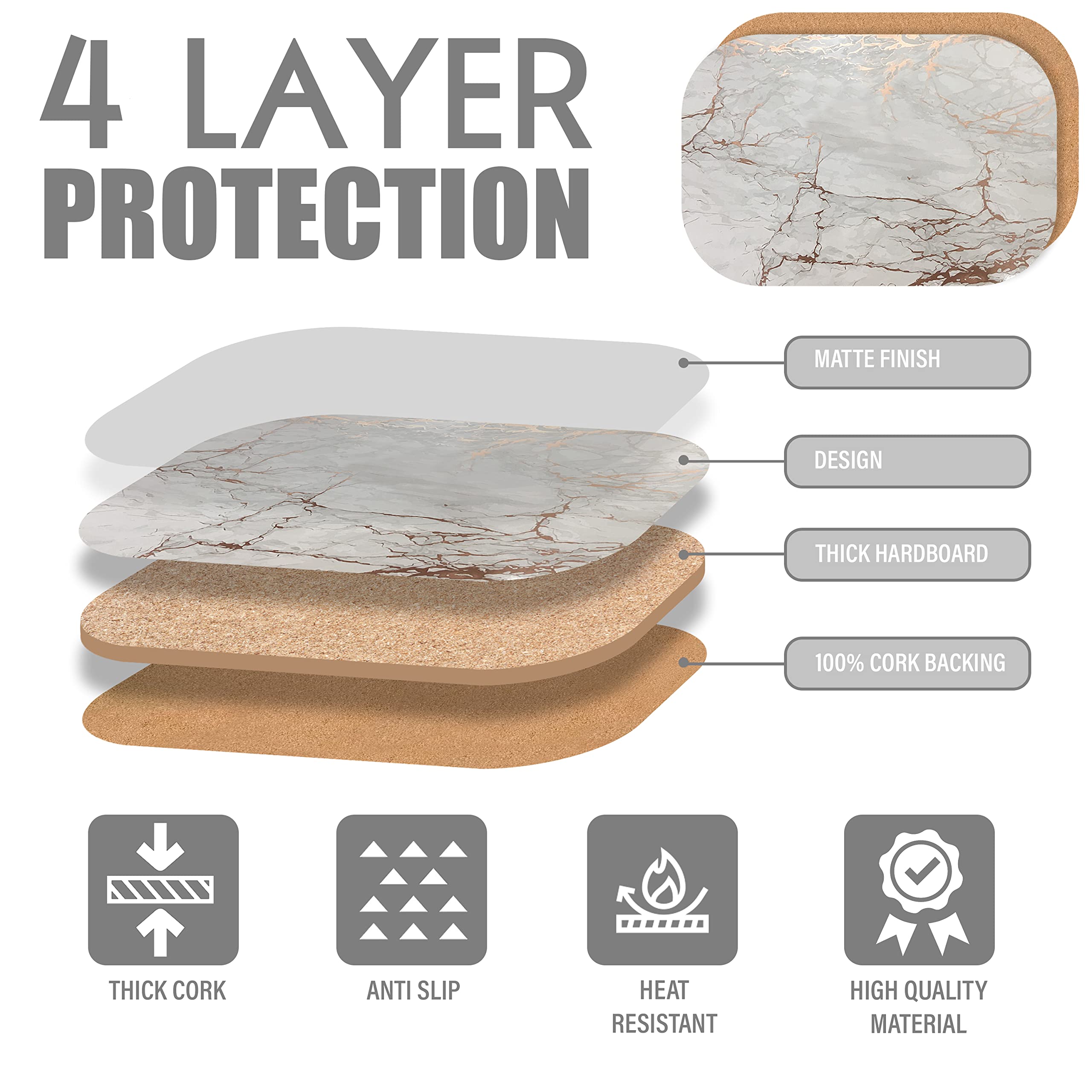 Elegant Rose Gold Marble Oval Cork Placemats Set of 2 - Heat Resistant, Non-Slip, Easy Clean Dining Table Mats (12