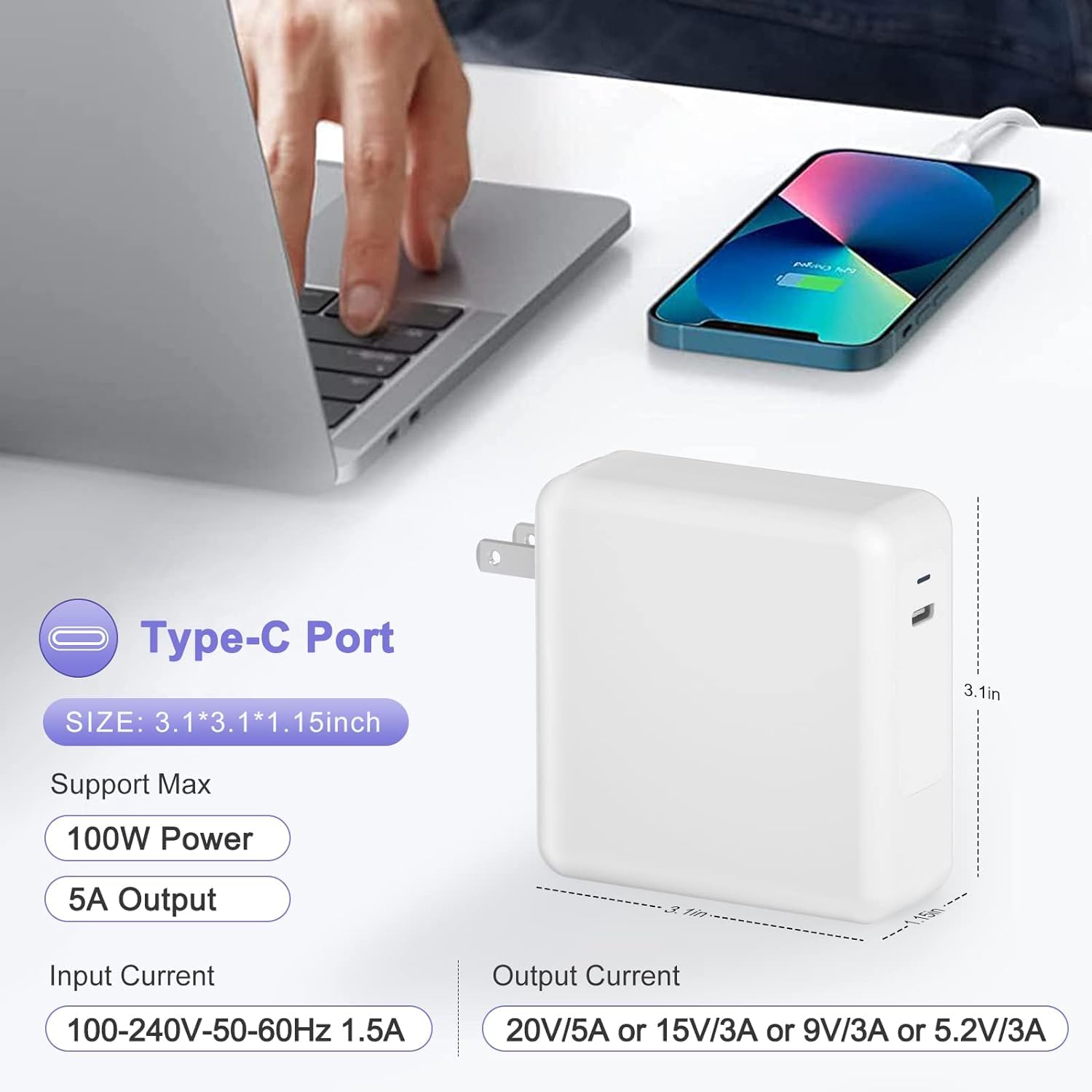 100W USB C Fast Charger for MacBook Pro 16/15/14/13 inch (2021-2018), MacBook Air, iPad Pro - GaN Type C Laptop Power Adapter with 6.6ft 5A USB C to C Cable - Perfect for Home, Office & Travel Charging