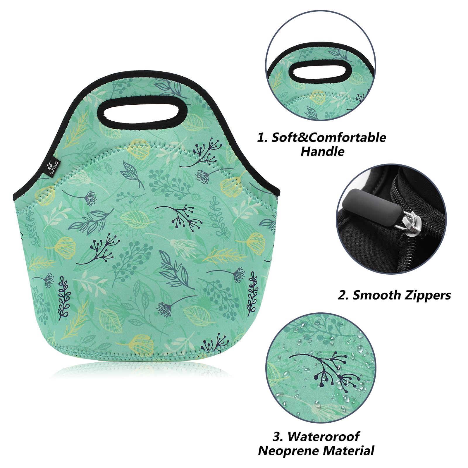 LOVAC Neoprene Lunch Bag - Thick Insulated & Waterproof Lunch Tote with Zipper for Work, School, Picnics & Outdoor Travel | Durable & Leakproof Food Container for Office, Hiking & Camping (Leaf Green)