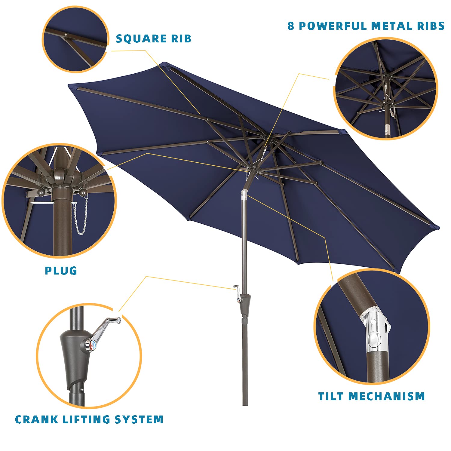 9 Ft Outdoor Patio Umbrella with Push Button Tilt & Crank Lift - 8 Ribs Market Umbrella for Garden, Poolside, Restaurant (Navy Blue) - Perfect for Outdoor Dining, Lounging and Commercial Use