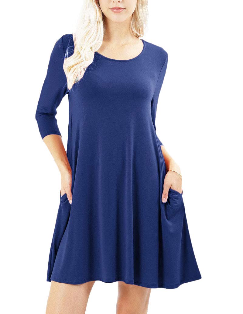Zenana Premium Scoop Neck Three-Quarter Sleeve Swing Dress with Side Pockets - Casual Flowy Dress for Women, Perfect for Office, Date Night & Summer Outings