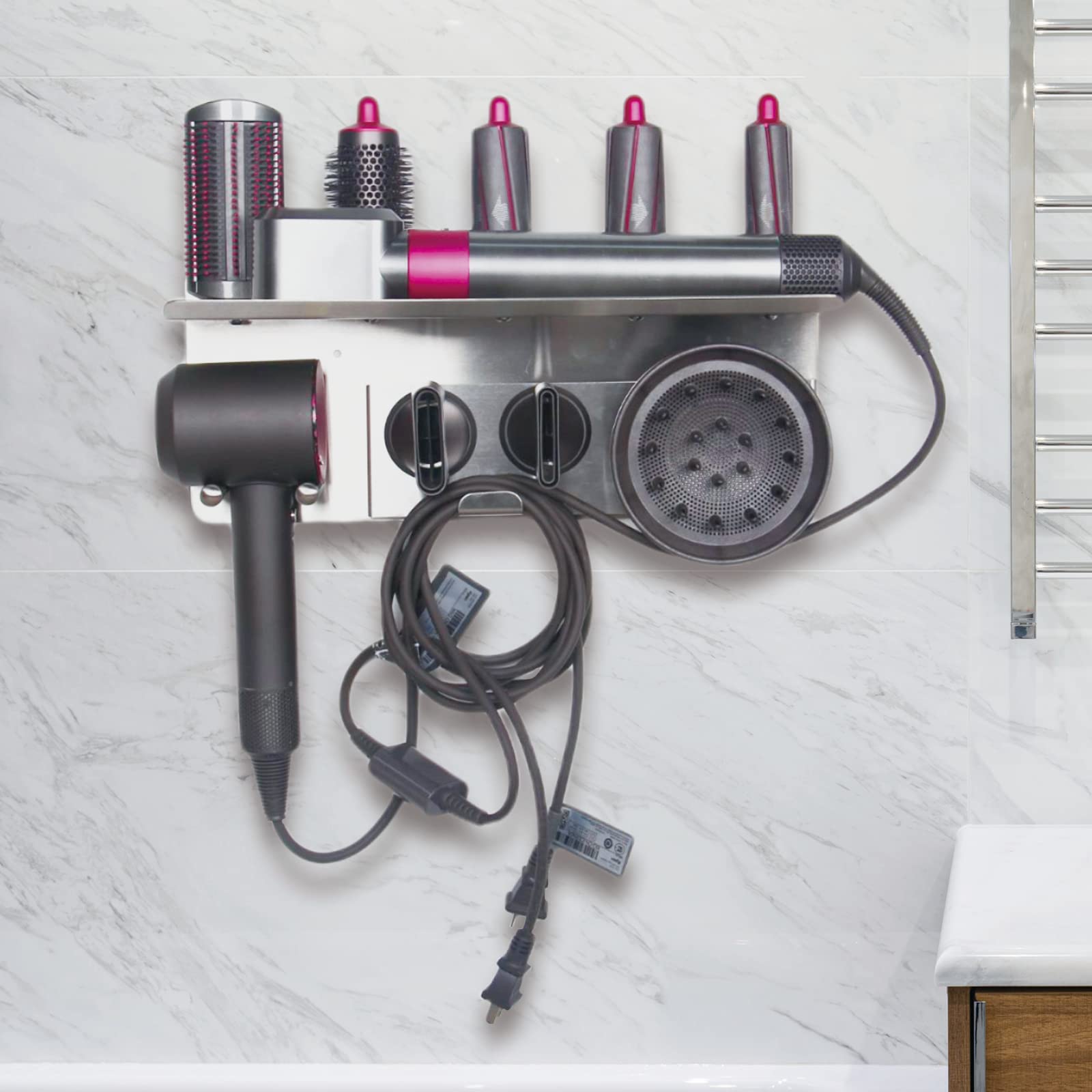 Dyson Airwrap & Supersonic Hair Dryer Wall Mount Holder - 2 in 1 Stainless Steel Storage Shelf for Curling Iron, Wand Barrels, Brushes & Diffuser Nozzles - Perfect for Bathroom & Salon Organization