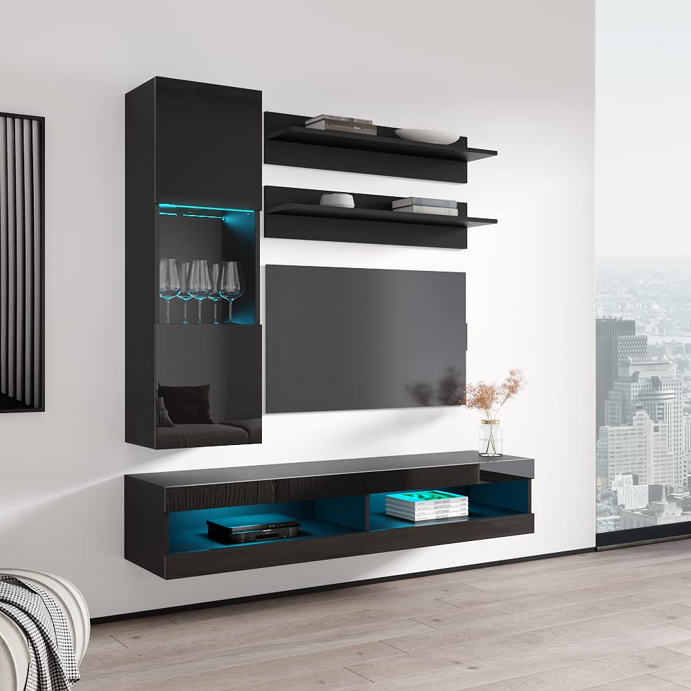 Modern Floating TV Stand with Storage & LED Lights - Wall-Mounted Entertainment Center for Bedroom & Living Room - 34