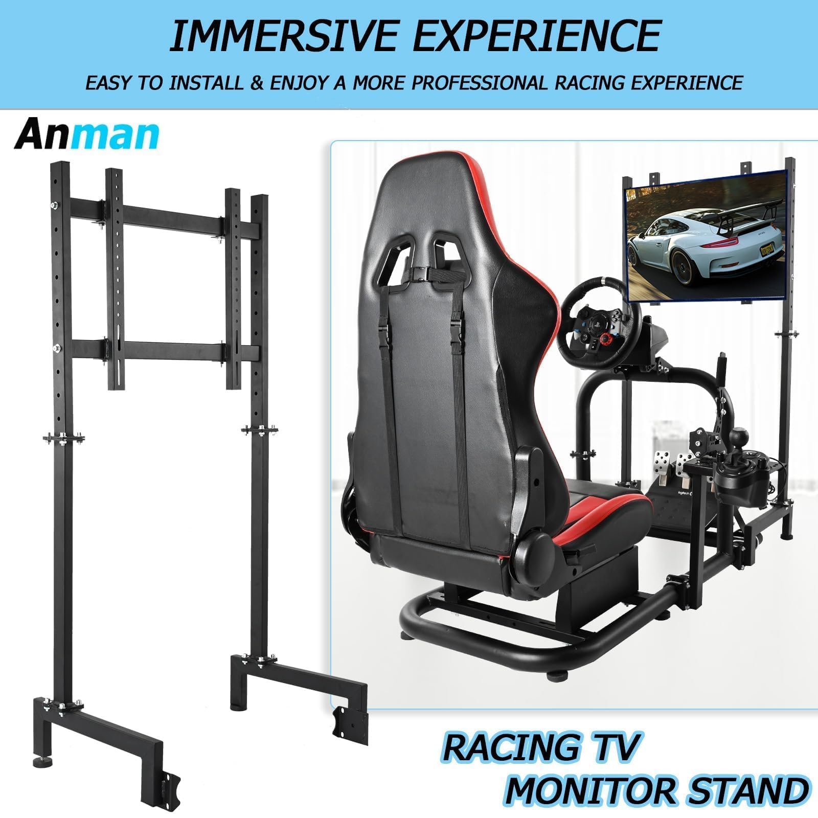 Anman Racing Pro Visualizer Display Stand - Adjustable Monitor Mount for 24 to 55 Inch Screens | Stable Sim Racing Bracket for Round Tube Cockpits | Perfect for Home Racing Simulators & Gaming Setups