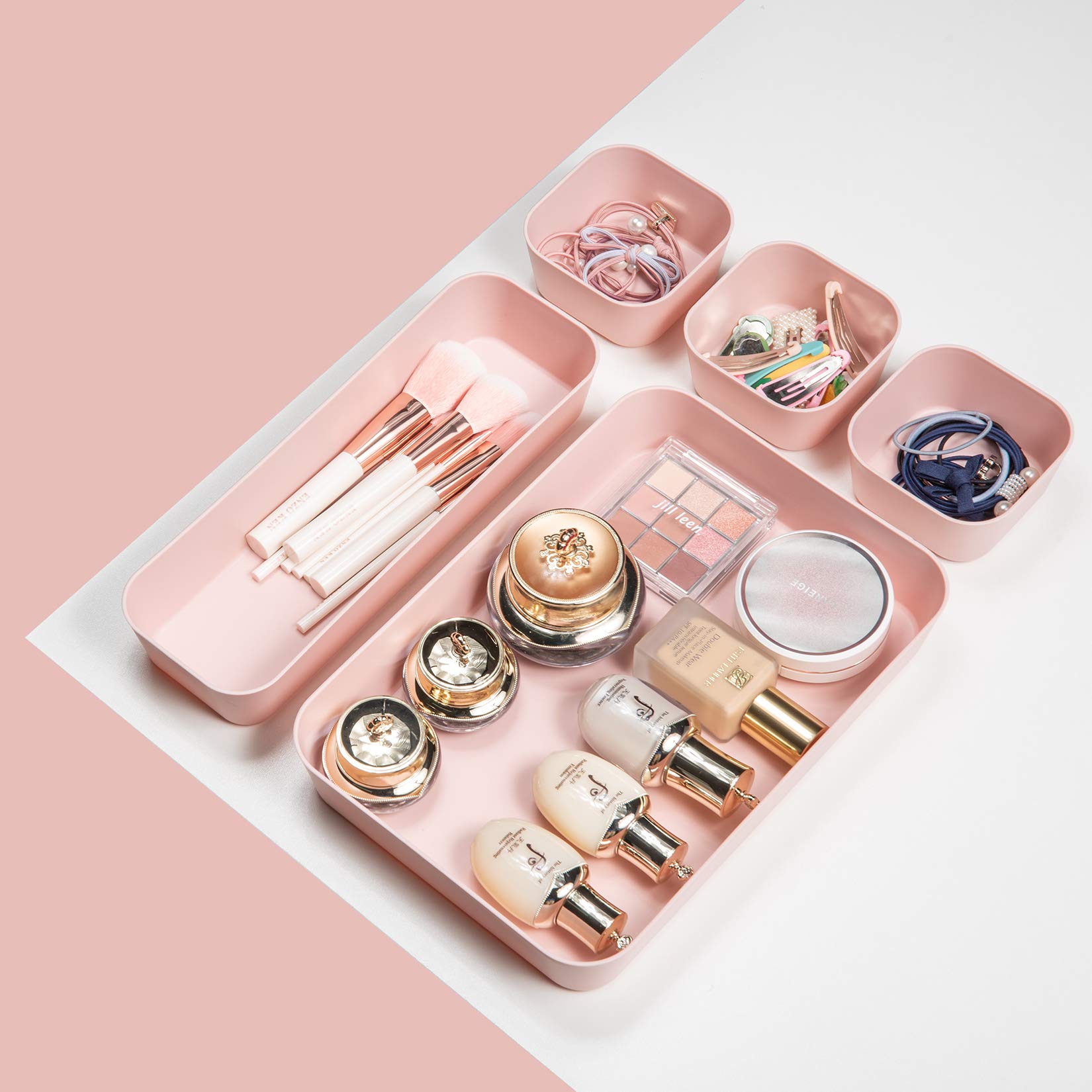 12-Pack Pink Plastic Drawer Organizers for Makeup, Bathroom, Office & Kitchen - Stackable Storage Containers for Vanity, Desk & Cabinet Organization (Home & Office Use)