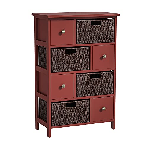 HomVent Rustic Wicker Basket Storage Cabinet - Vintage Style Storage Unit with 4 Wood Drawers & 4 Wicker Baskets for Kitchen, Dining Room, Entryway, Bedroom Organization (Red) - Perfect for Home Decor, Farmhouse Style & Clutter-Free Storage Solutions
