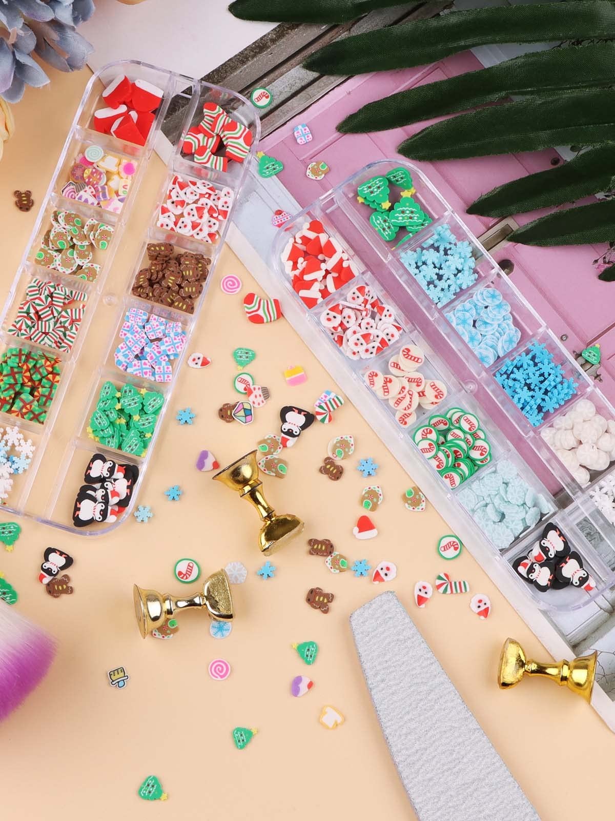24 Grids Christmas Nail Art Slices - 3D Polymer Nail Flakes with Snowflake, Santa & Penguin Designs for DIY Nail Decor | Cute Glitter Nail Charms for Women & Girls | Perfect for Holiday Nail Art, Face & Body Crafting (2 Box Set)