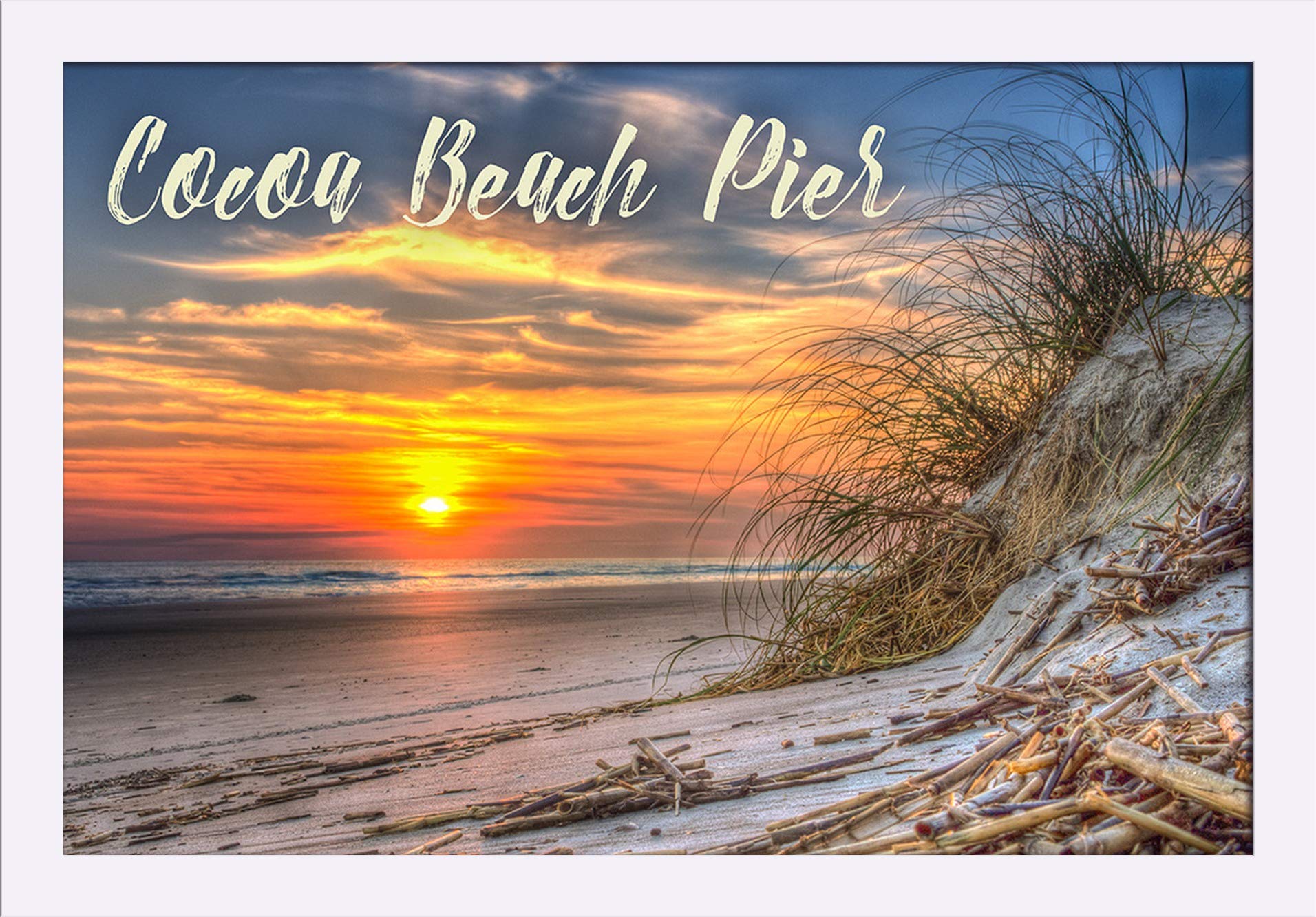 Florida Cocoa Beach Pier Sunset Art Print - 16x24 Giclee Fine Art on Recycled Wood Frame in White - Perfect for Beach House Decor & Coastal Living Room Wall Art