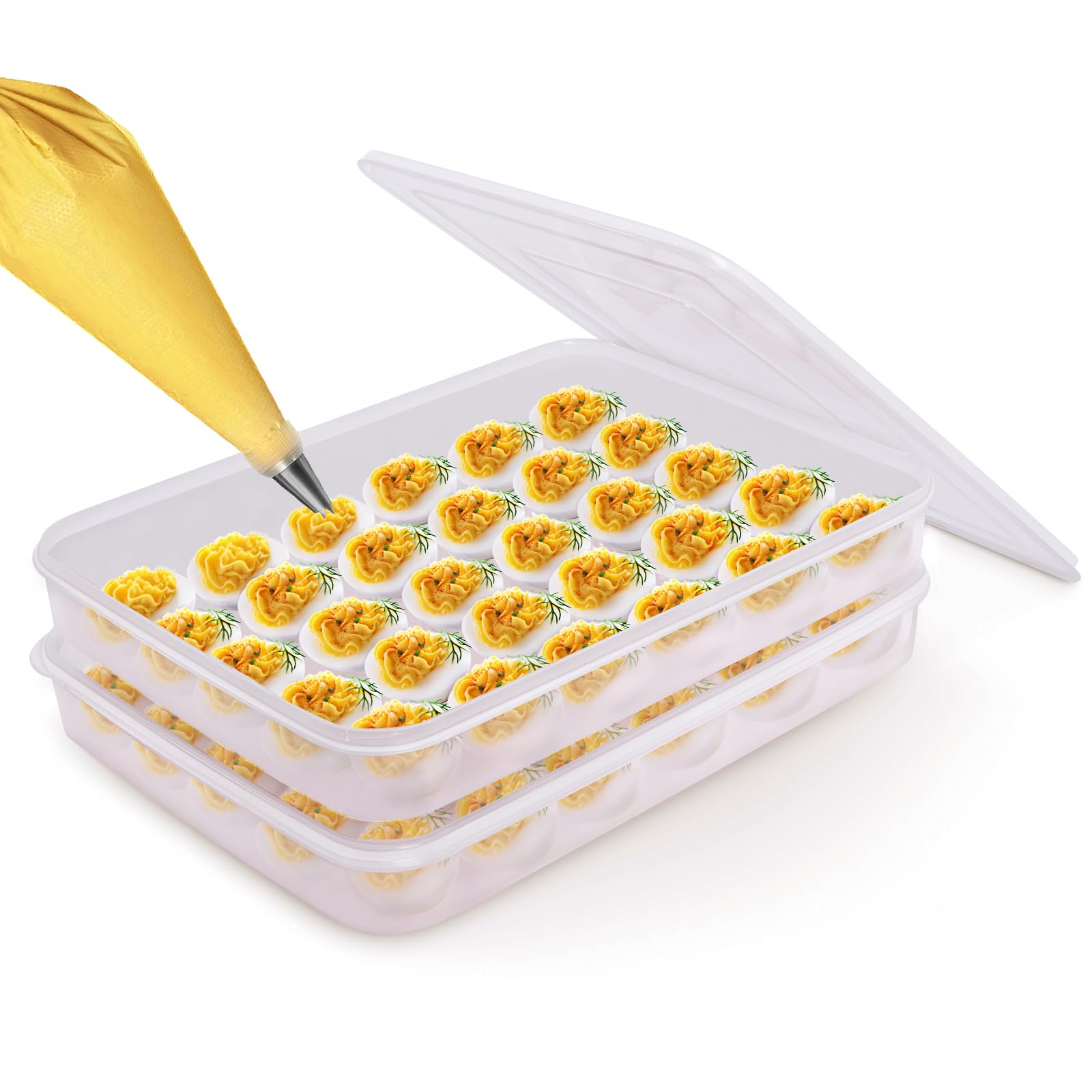 77L Plastic Deviled Egg Containers with Lid (Set of 2) - 60 Egg Capacity Carrier Tray, Clear Refrigerator Storage & Stackable Countertop Organizer - Perfect for Picnics, Parties & Meal Prep