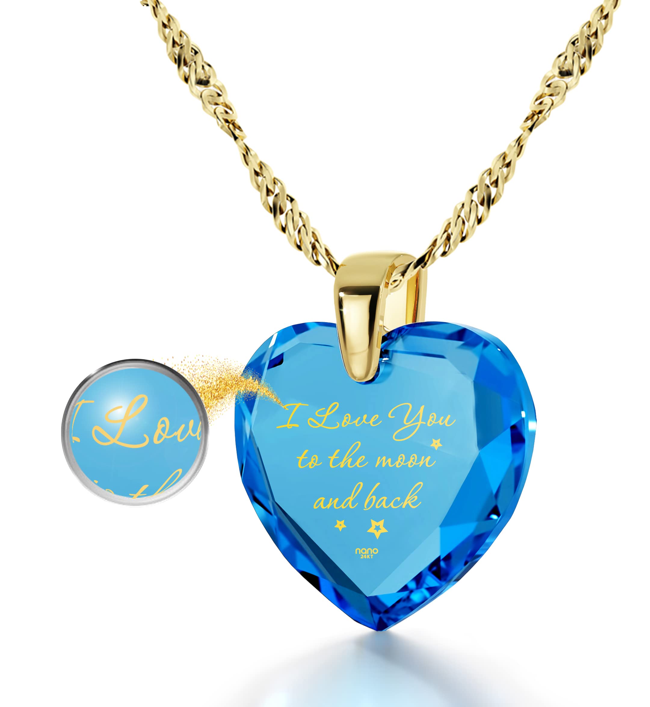 18K Gold Plated Heart Necklace - 'I Love You to The Moon and Back' Engraved Pendant with CZ Stones, 18
