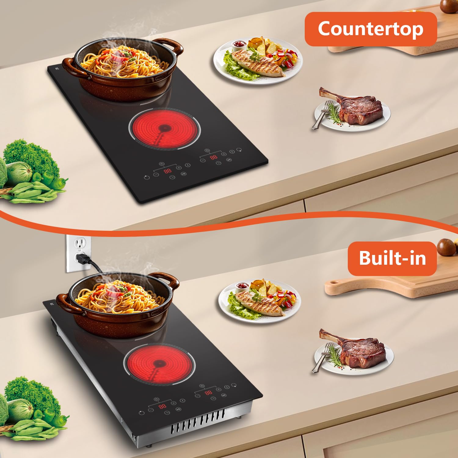 2 Burner Electric Cooktop - 12 Inch Built-in & Countertop Ceramic Stove with Touch Control, Child Lock, Timer & 9 Power Levels (110V-120V) | Perfect for Small Kitchens, RVs & Dorm Rooms