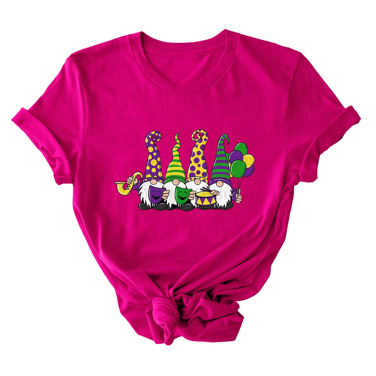 Funny Mardi Gras Print T-Shirts for Women | Short Sleeve Round Neck Carnival Theme Tops | Perfect for Mardi Gras Parties, Costume Events & Festive Celebrations