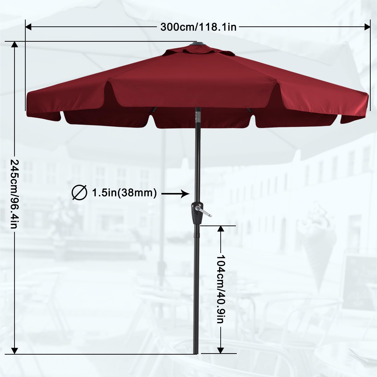 MASTERCANOPY 10ft Burgundy Patio Umbrella with 8 Ribs - Heavy Duty Outdoor Market Umbrella for Restaurant, Cafe, Poolside & Backyard Use