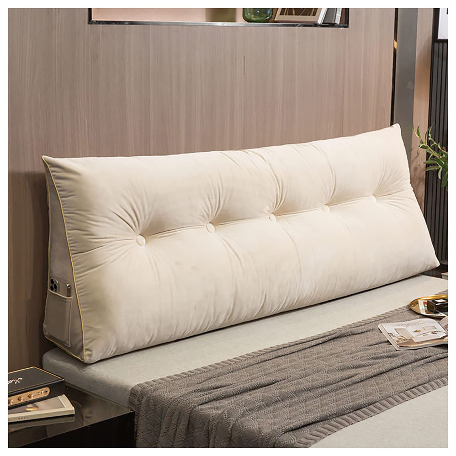 FISIYINDZ Bed Wedge Pillow for Headboard - Triangle Reading Pillow with Removable Cover, Upholstered Backrest Cushion for Daybed, Sofa & Bed Support (Beige, 59 Inches) - Perfect for Reading, Watching TV & Relaxing in Bed