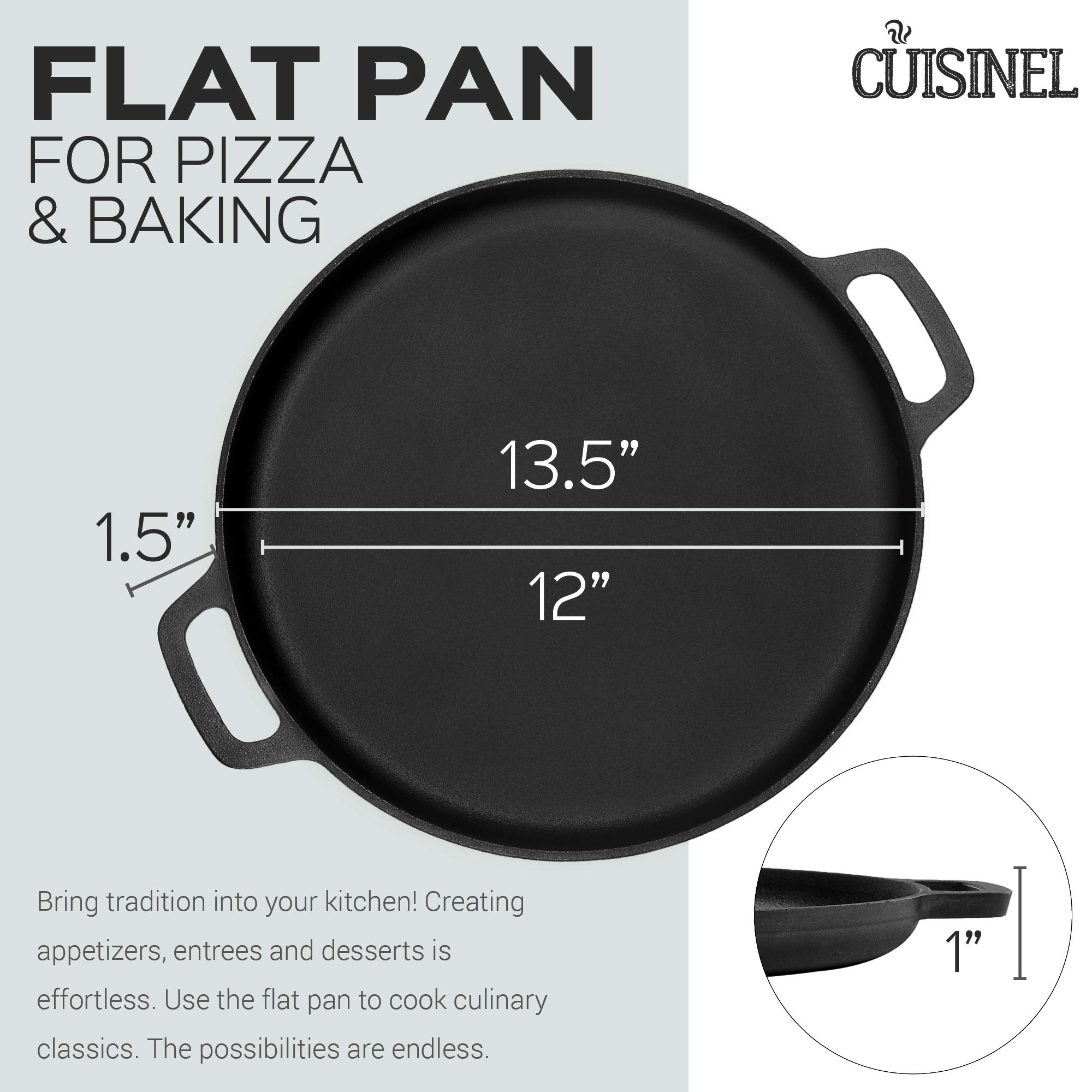 Cuisinel 13.5 Inch Pre-Seasoned Cast Iron Pizza Pan - Natural Finish, Superior Heat Retention for Perfect Baking - Oven, Stove, Grill & Campfire - Ideal for Homemade Pizza, Bread, Cookies & Outdoor Cooking