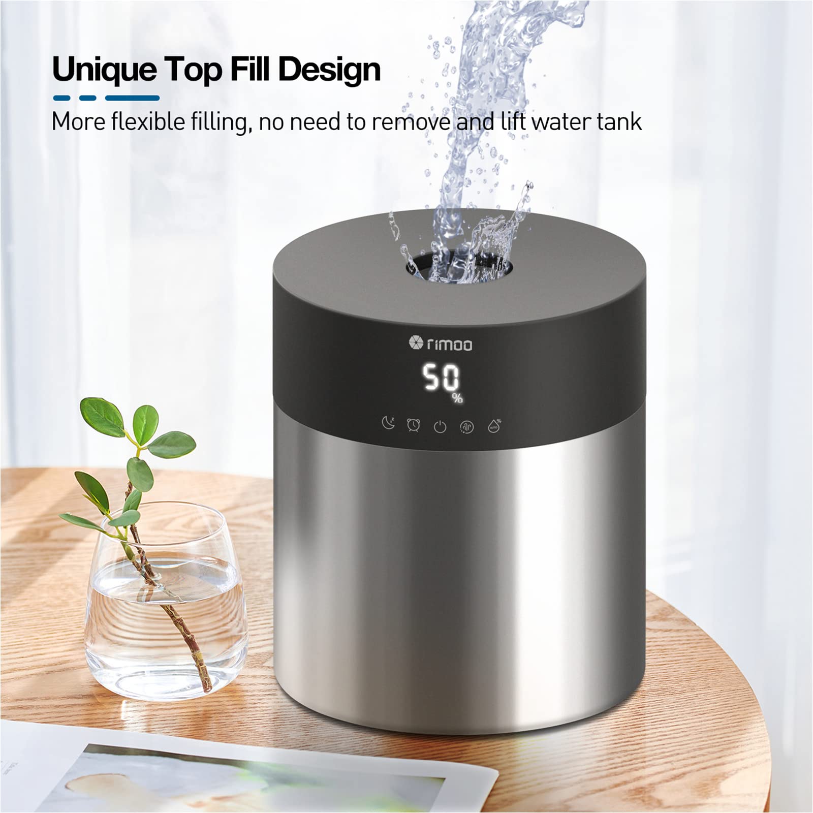Large Ultrasonic Cool Mist Humidifier with Stainless Steel Tank - Smart Humidistat & Timer, Top Fill Design for Easy Cleaning - Perfect for Bedroom, Baby Nursery & House Plants (300-500 sq ft Coverage)